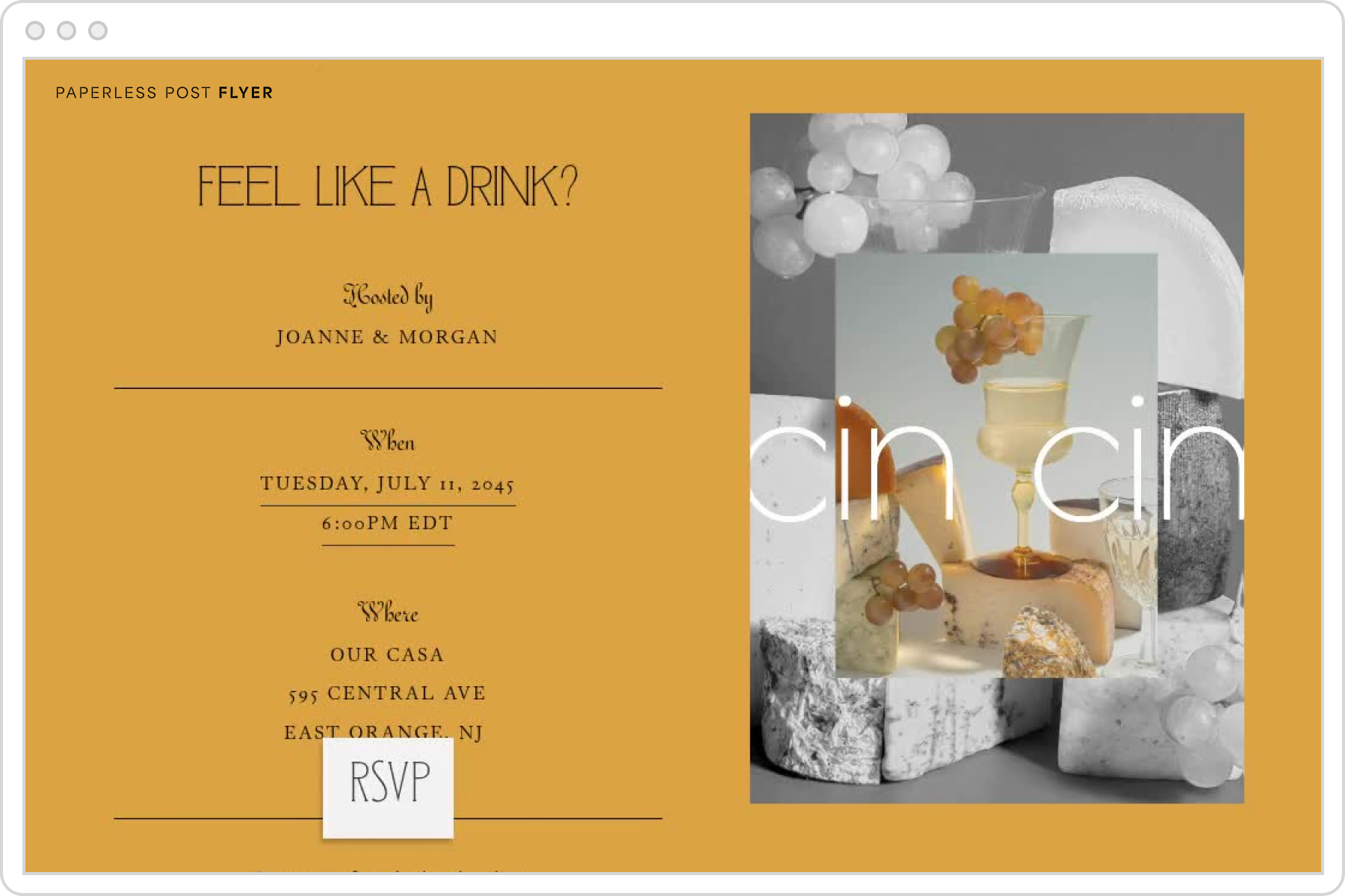 A digital invitation page with a mustard yellow background and text that reads ‘FEEL LIKE A DRINK?’ with two layered images of cheese and wine with text overlay that reads ‘cin cin.’