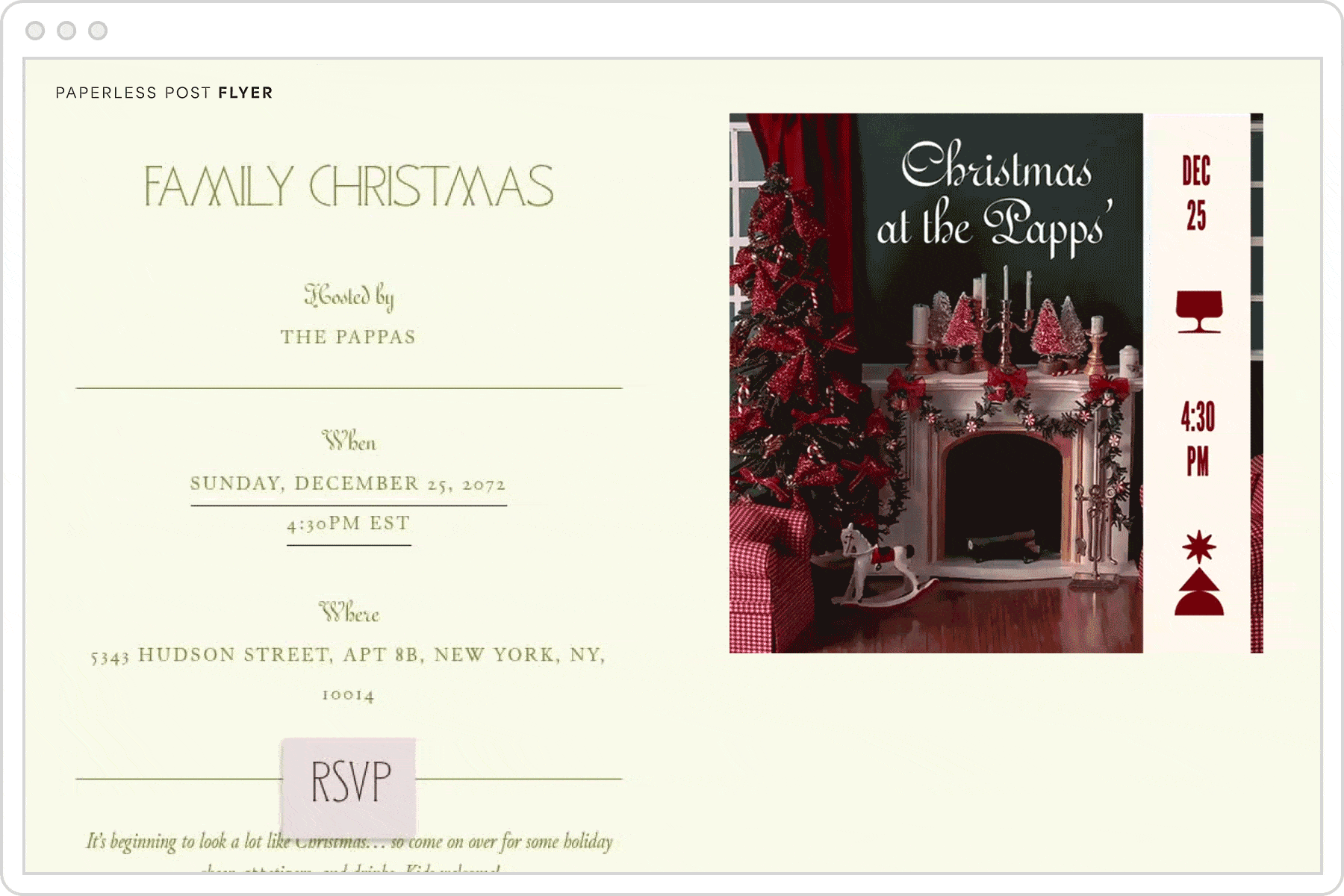A digital event invitation page for a family Christmas gathering featured an animated Christmas tree and present scene.