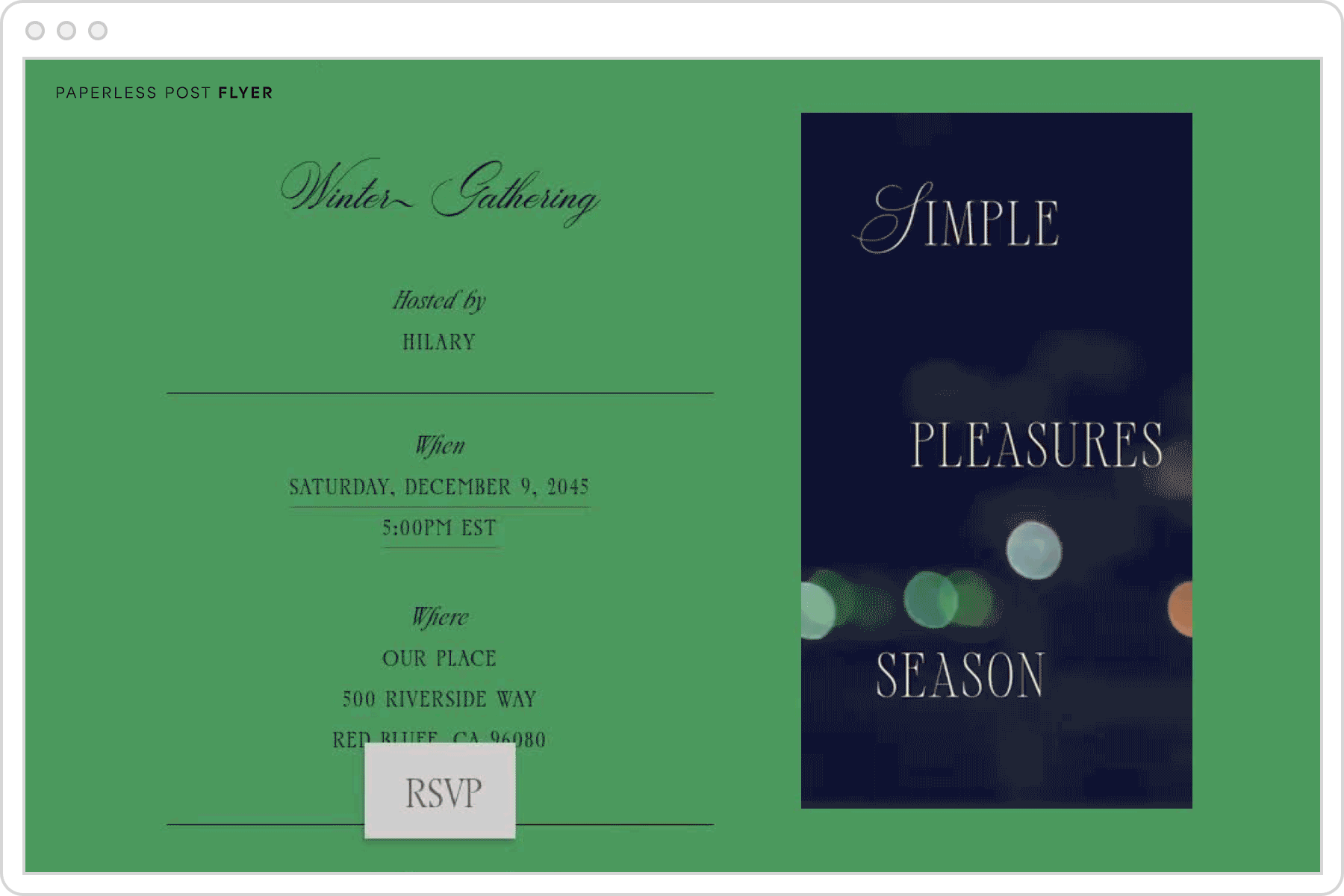 A holiday party invitation featuring a green background and an animated image of sparkling lights with text overlay that reads ‘simple pleasures season’