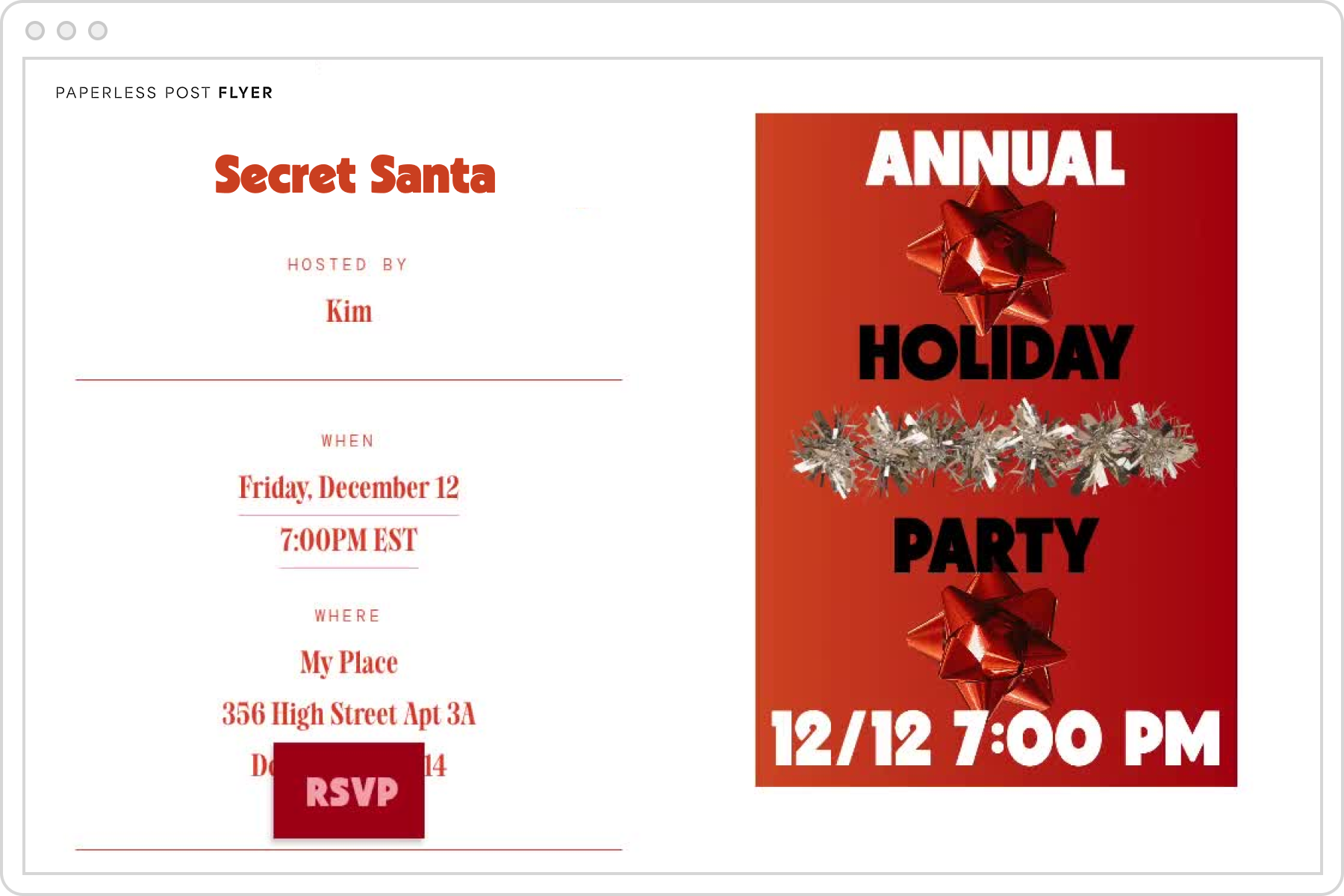 A Secret Santa digital invitation page featuring a graphic with a red background and metallic bows and tinsel. 