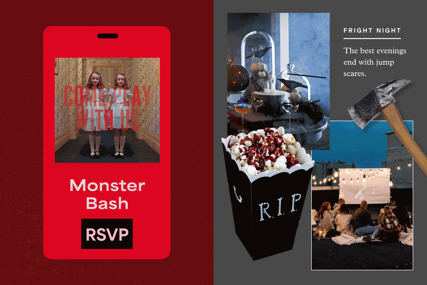 A red digital event invitation for Halloween with a photo of the twin girls from The Shining movie and overlay text that reads ‘come play with us’; Food, decor, and movie ideas for a Halloween party