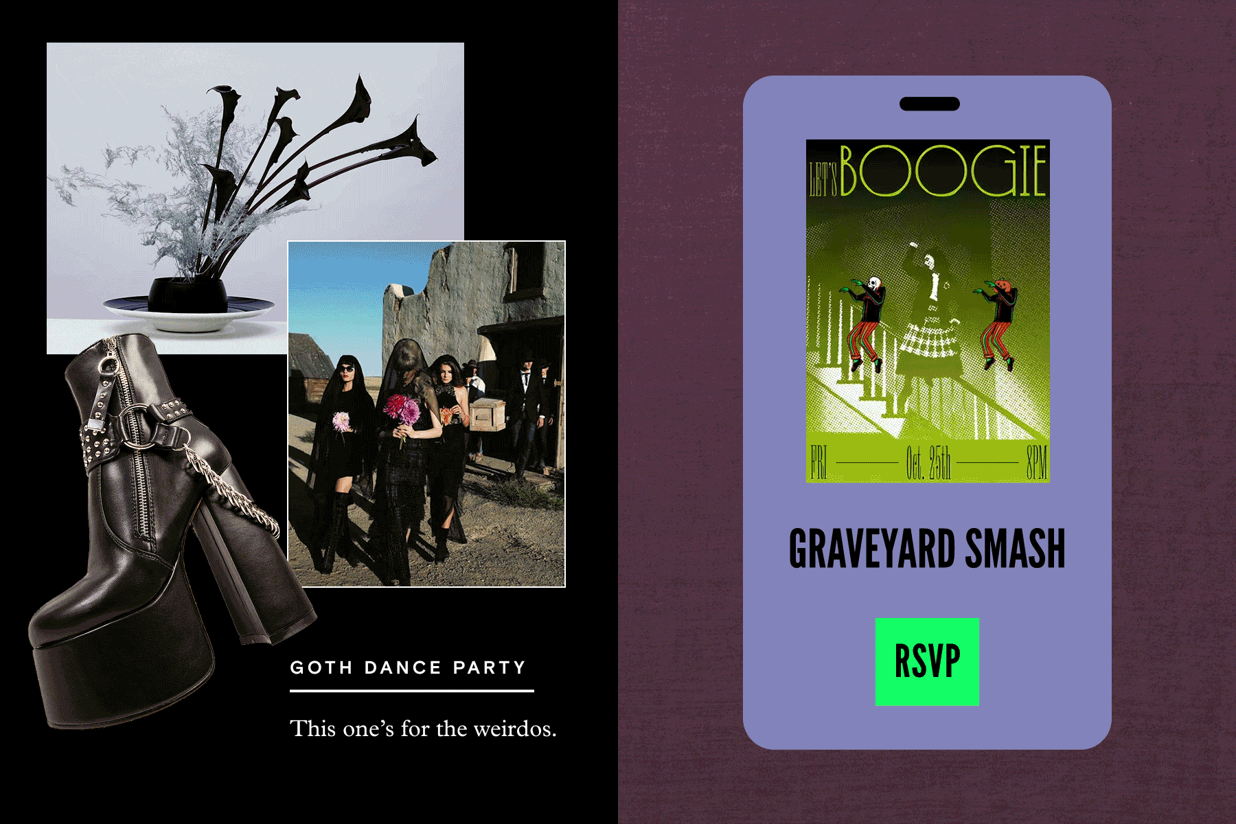 A collage of decor and outfit ideas for a Halloween party; A purple digital event invitation featuring an animated graphic of dancing ghouls.