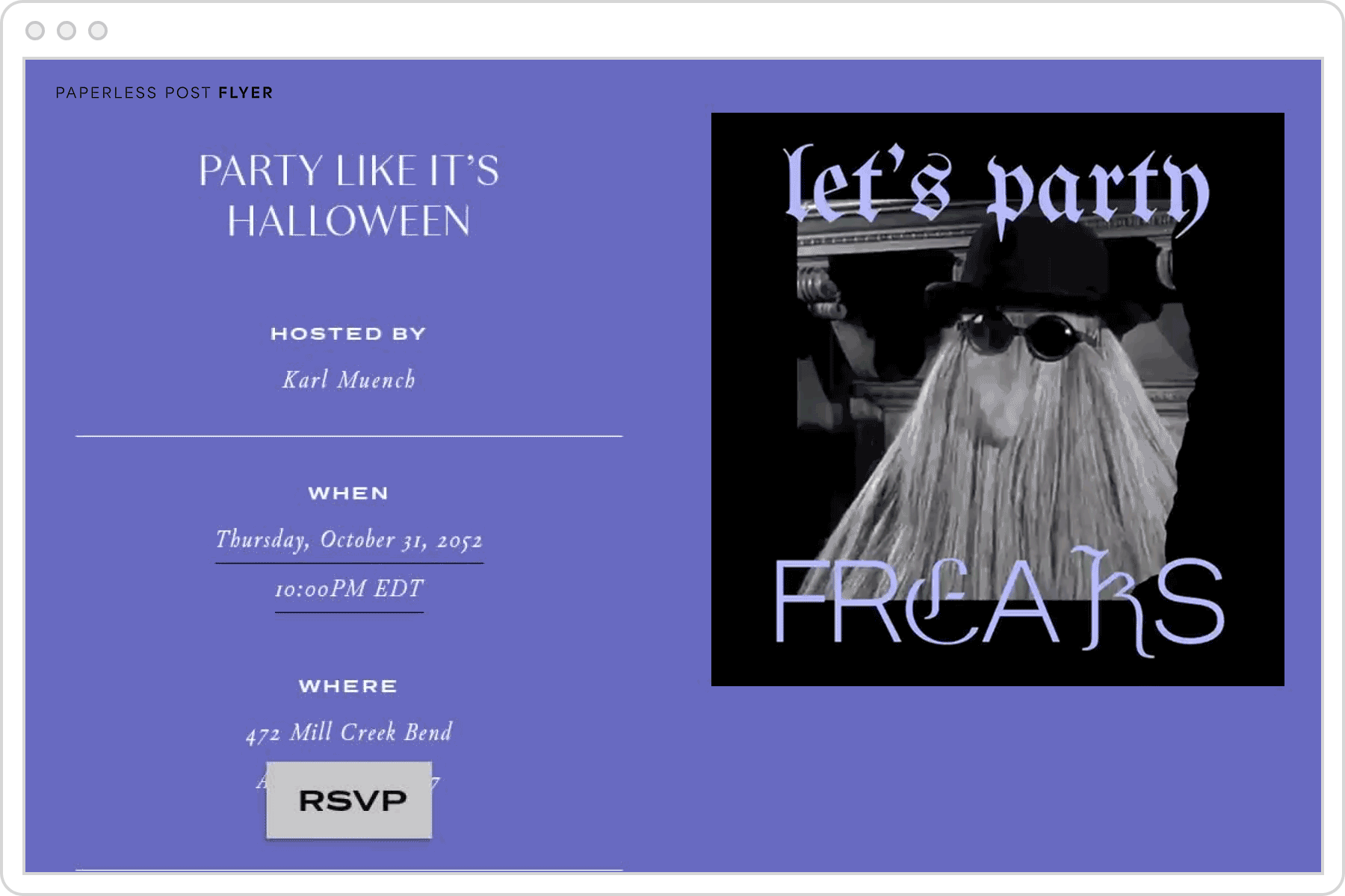 A digital invitation page with a purple background featuring an animated image of Cousin Itt from the Addams family with text overlay that reads ‘let’s party freaks’
