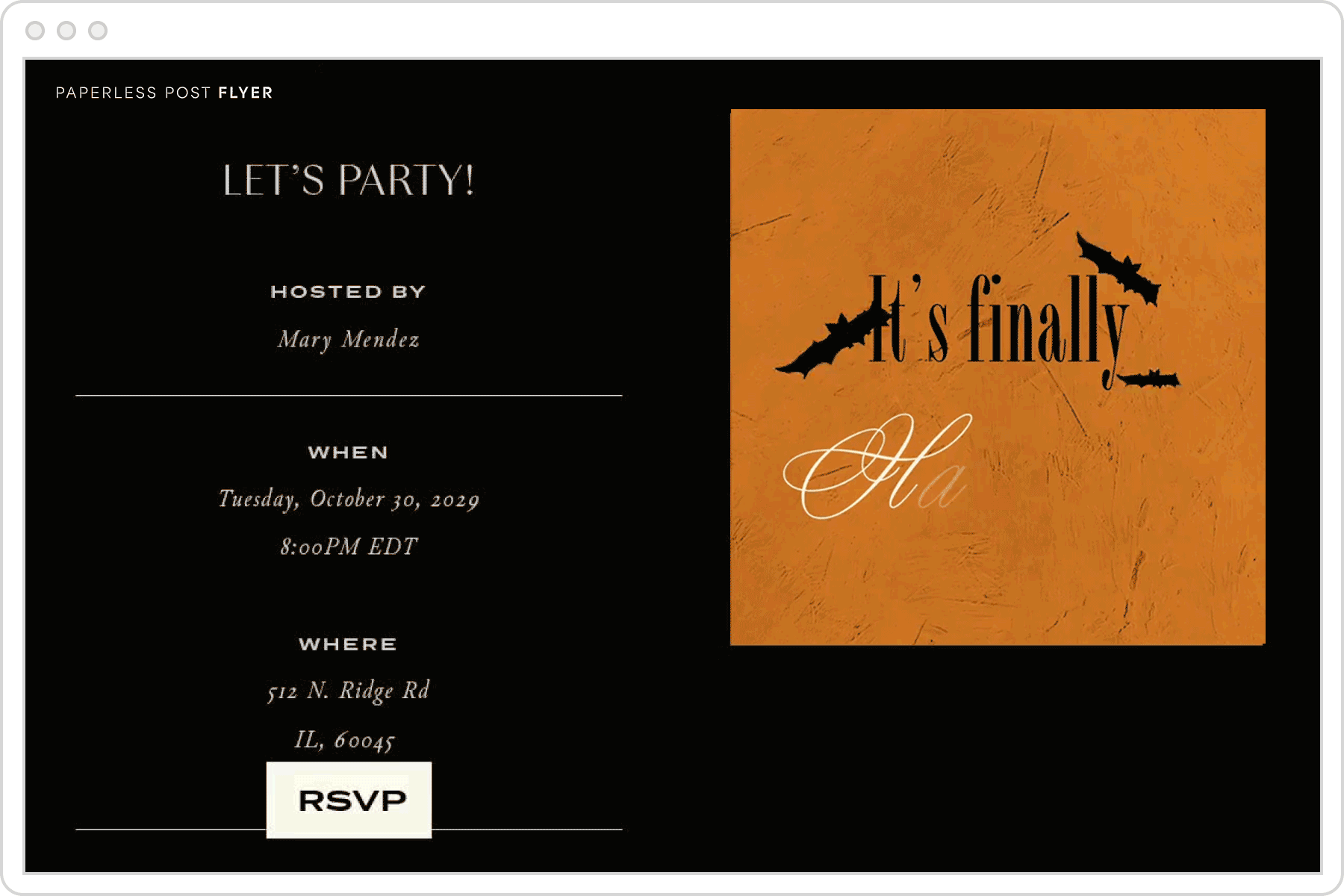 A digital Halloween invitation page with a black background featuring an orange and black animated graphic of bats with overlay text that reads ‘It’s finally Halloween’