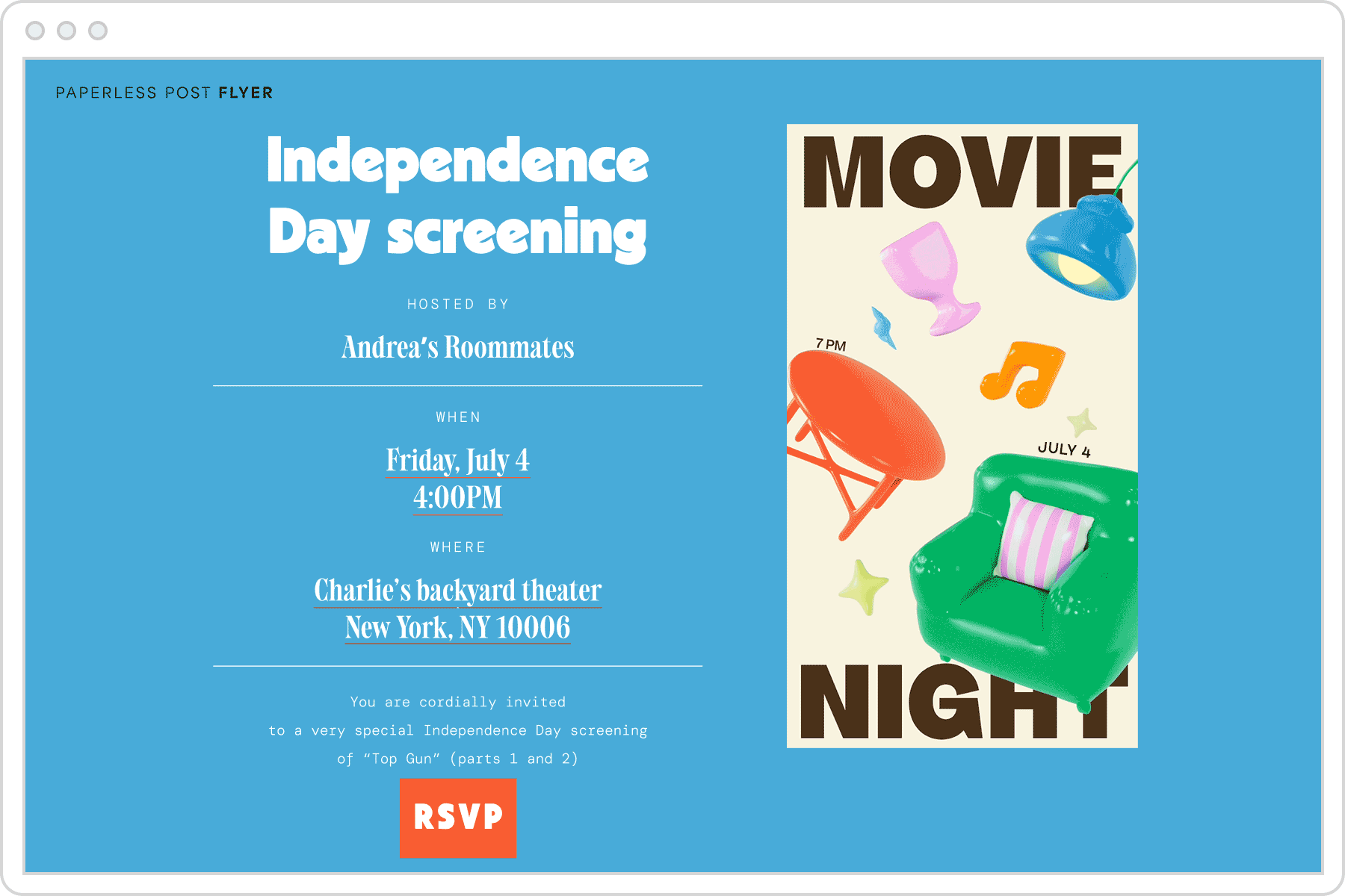A digital event page for a Fourth of July movie screening party featuring a blue background and a graphic of colorful furniture with text overlay that reads ‘movie night’