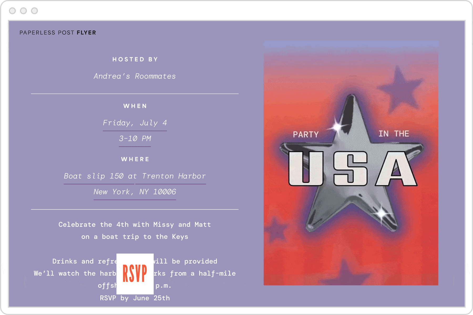 A digital event page for a Fourth of July Party featuring a purple background and an animated graphic with purple and red stars.