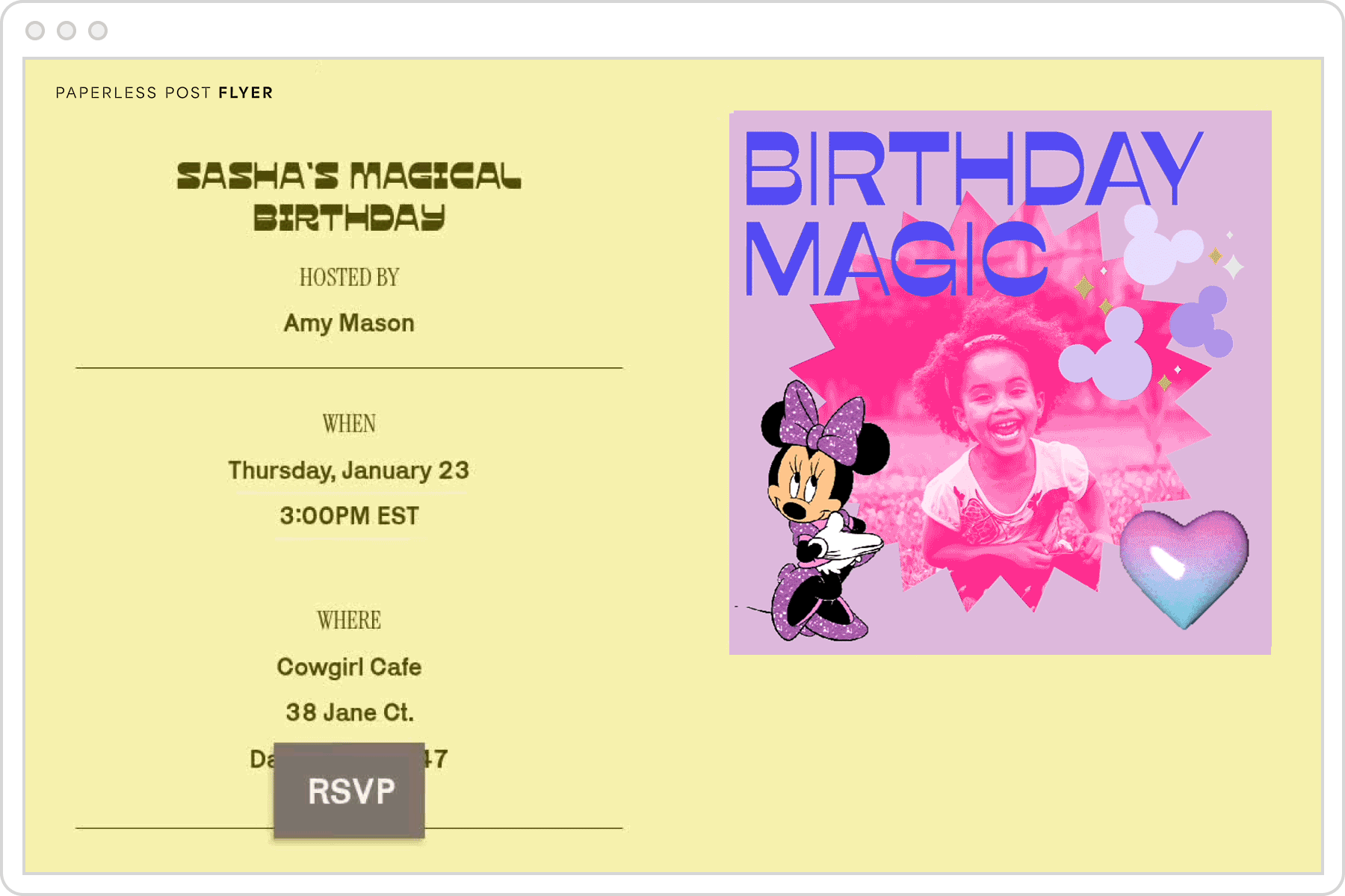 A kids’ birthday party digital invitation page with with a yellow background and an animated Disney-themed photo of a child with text overlay that reads ‘birthday magic.’
