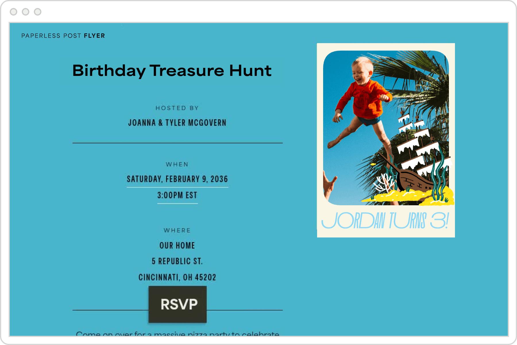 A kids’ birthday party digital invitation page with a blue background featuring an image of a child with ocean-themed graphics and text overlay that reads ‘Jordan turns 3!’