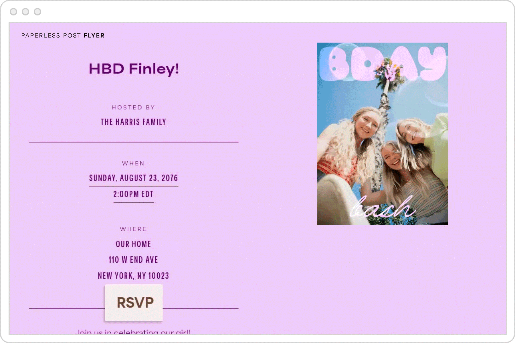 A kids’ birthday party digital invitation page with a purple background and an animated image of three girls with text overlay that reads ‘bday bash.’
