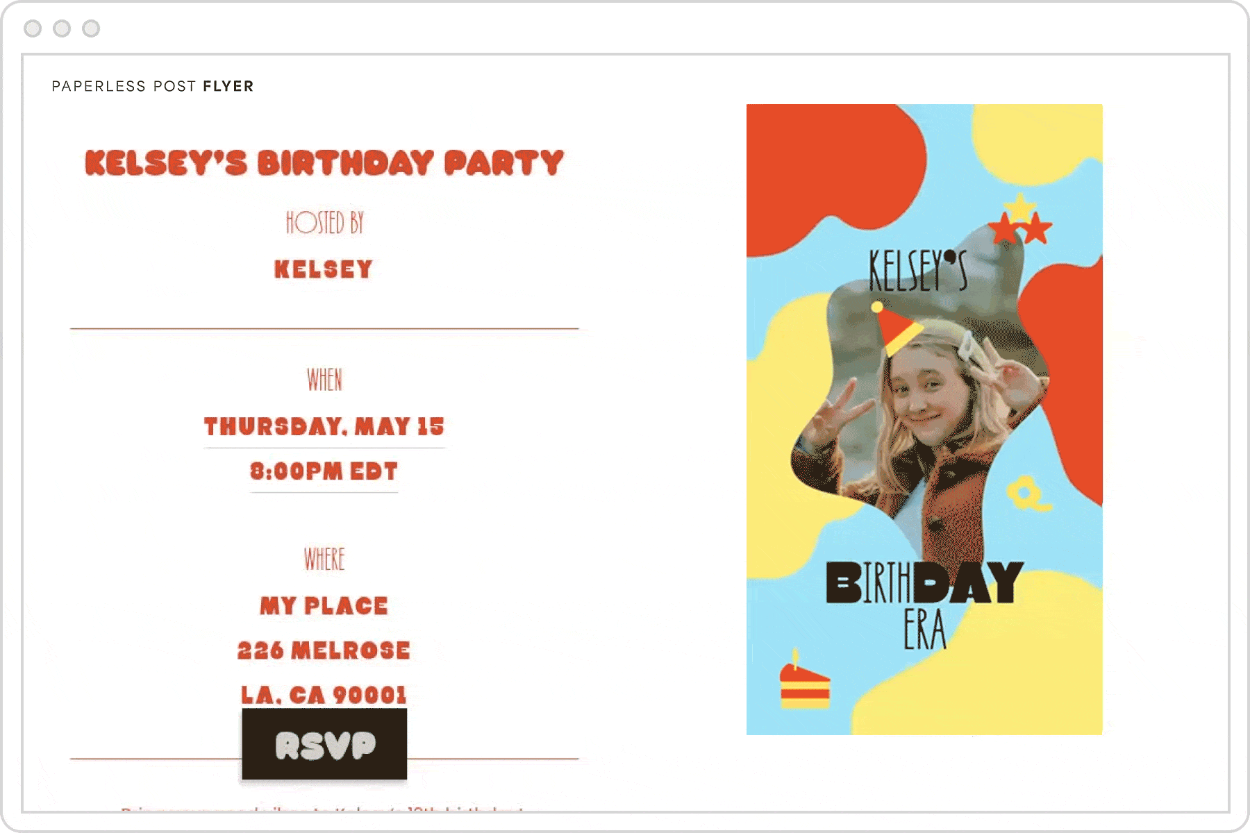 A kids’ birthday party digital invitation page with red text and an animated shapes graphic and photo of a child with text overlay that reads ‘Kelsey’s birthday era.’