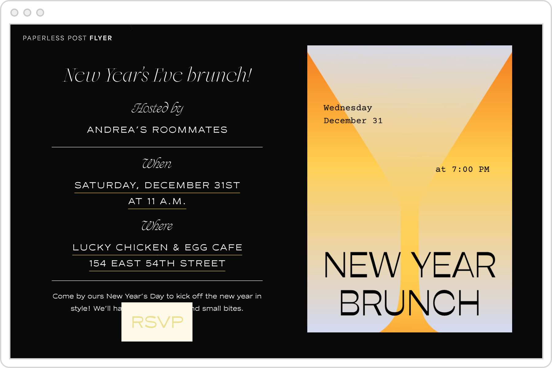 A black New Year’s Eve brunch digital event invitation with an orange and yellow martini graphic.