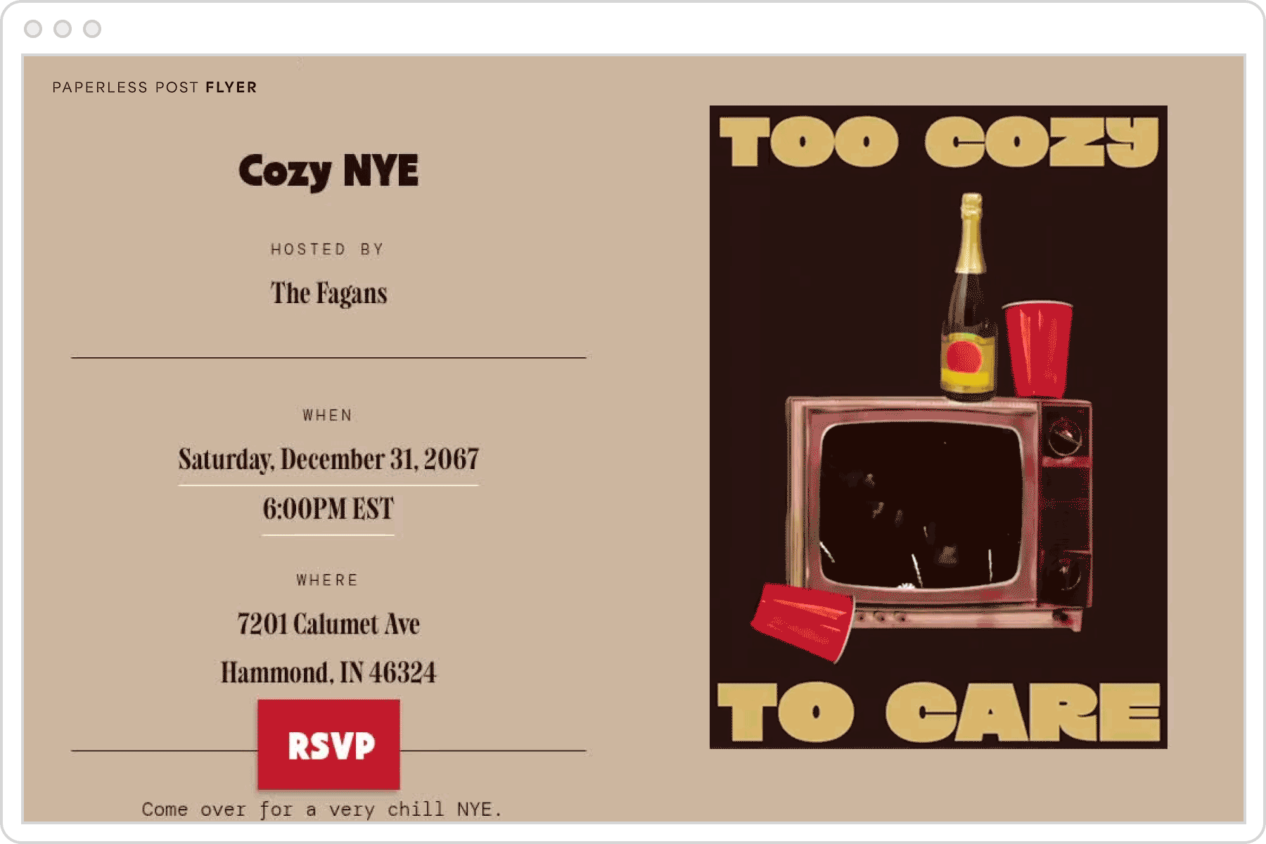 A New Year’s Eve digital invitation page with a beige background and an animated image of a TV with text overlay that reads ‘too cozy to care.’
