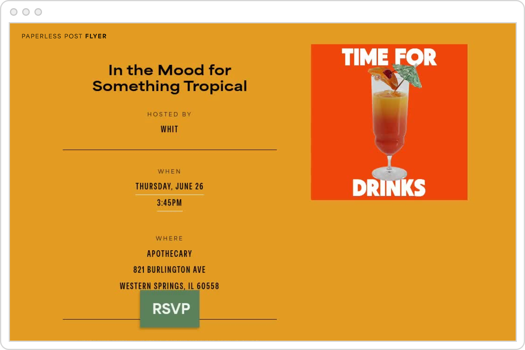 An orange event page for a summer party featuring a graphic of a colorful tropical drink with text overlay that reads ‘time for drinks’