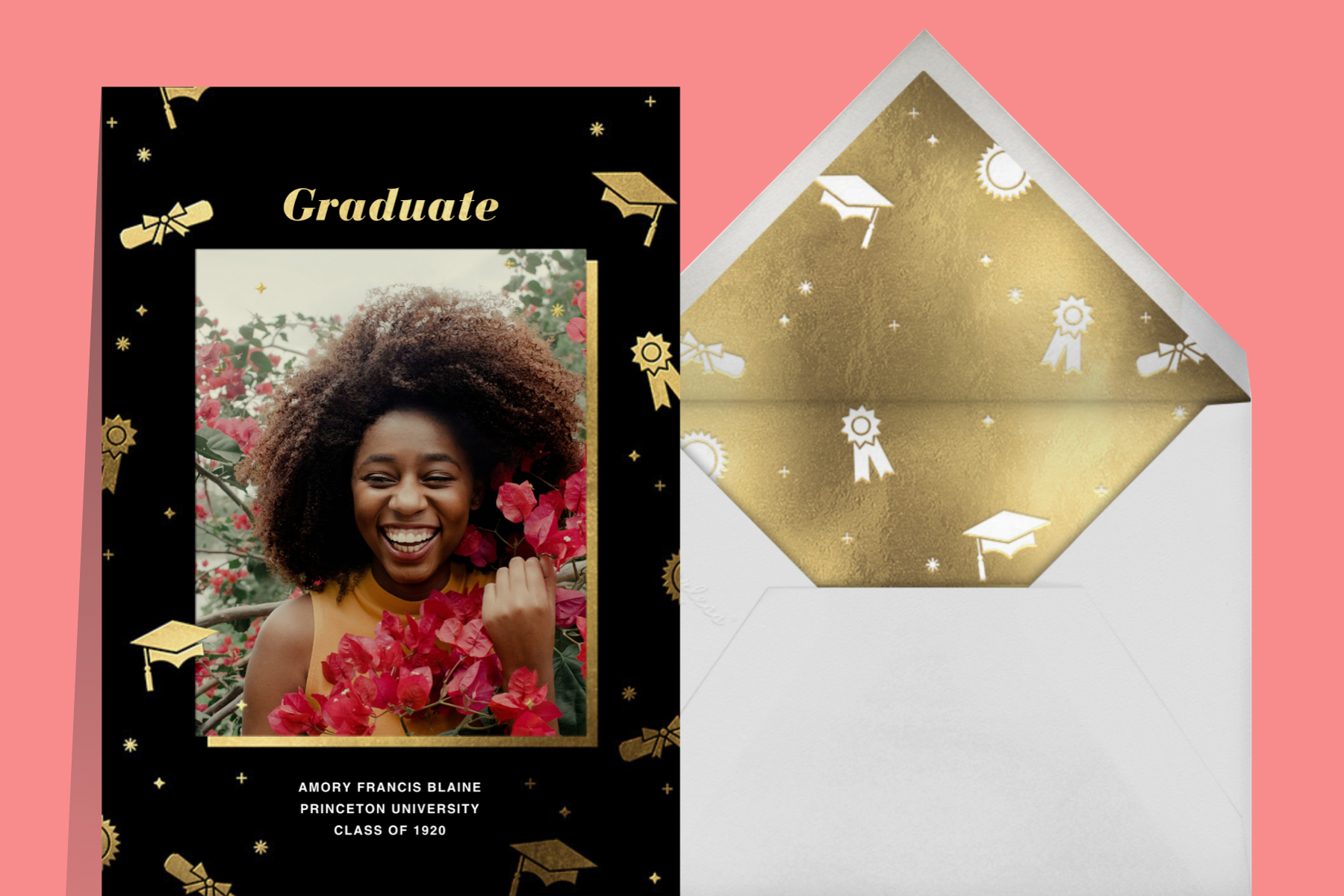 “Grad Confetti” announcement by Paperless Post. The black card features a rectangular customizable photo opening with gold graduation-themed icons. 