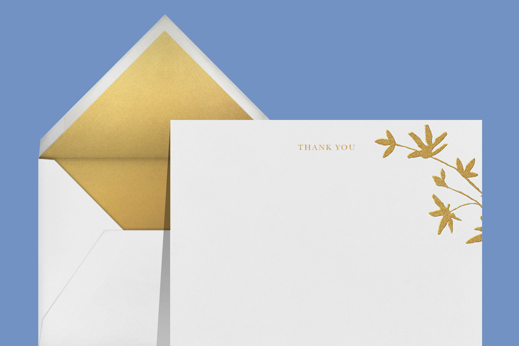 “Oliver Park I (Stationery)” thank you card by kate spade new york for Paperless Post. The white card features the words “thank you” and gold palm trees. 