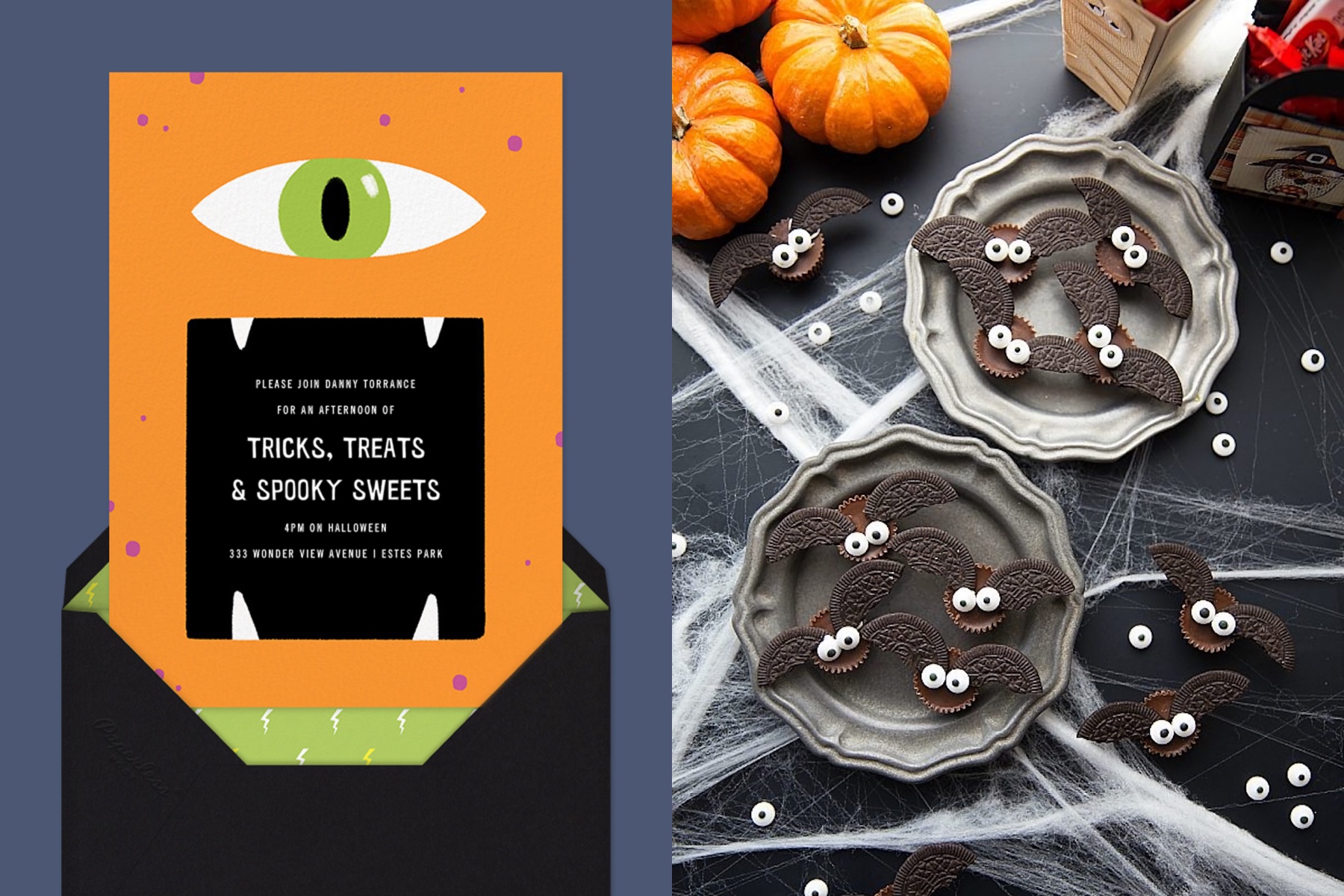 Left: “Hungry Eye” invitation by Paperless Post. The orange card features an illustration of a cyclops monster’s face with the text in its gaping mouth. The card appears on a dark blue background | Right: Homemade Halloween Treats featuring bats made out of peanut butter cups and Oreos. Photo Credit: Chelsea’s Messy Apron 