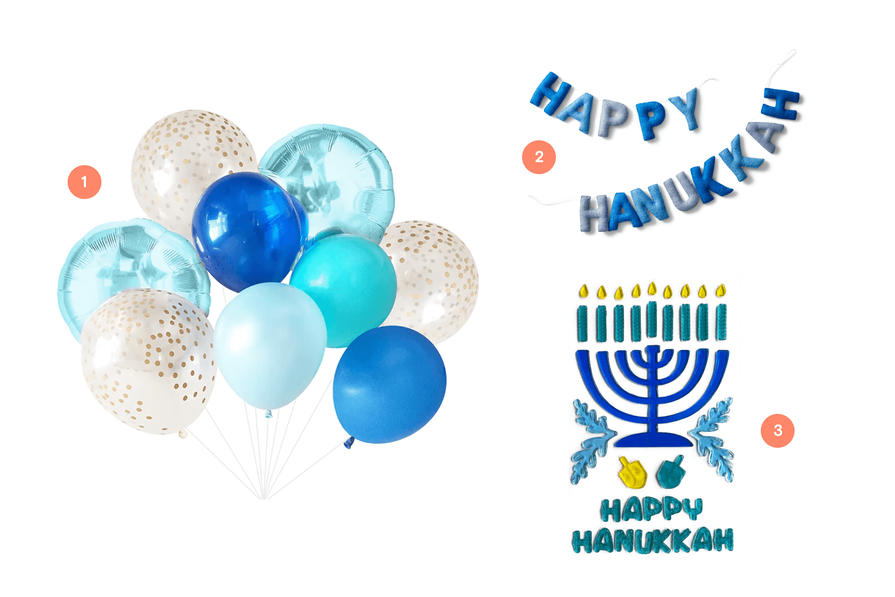 Party décor including a bouquet of balloons, a felted banner that reads “Happy Hanukkah,” and a window cling menorah and other festive items.