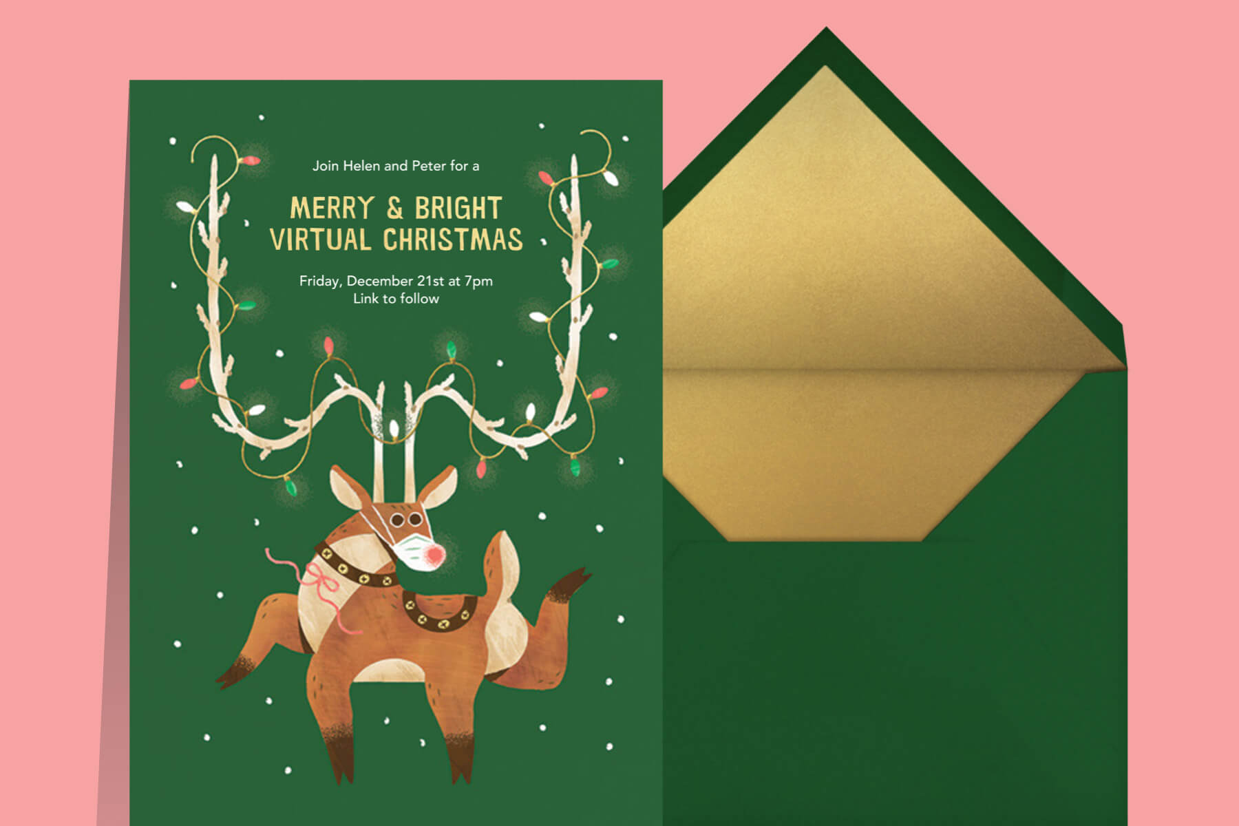 how to host a covid christmas party in 2020 featuring an invitation with a reindeer with antlers covered in Christmas lights