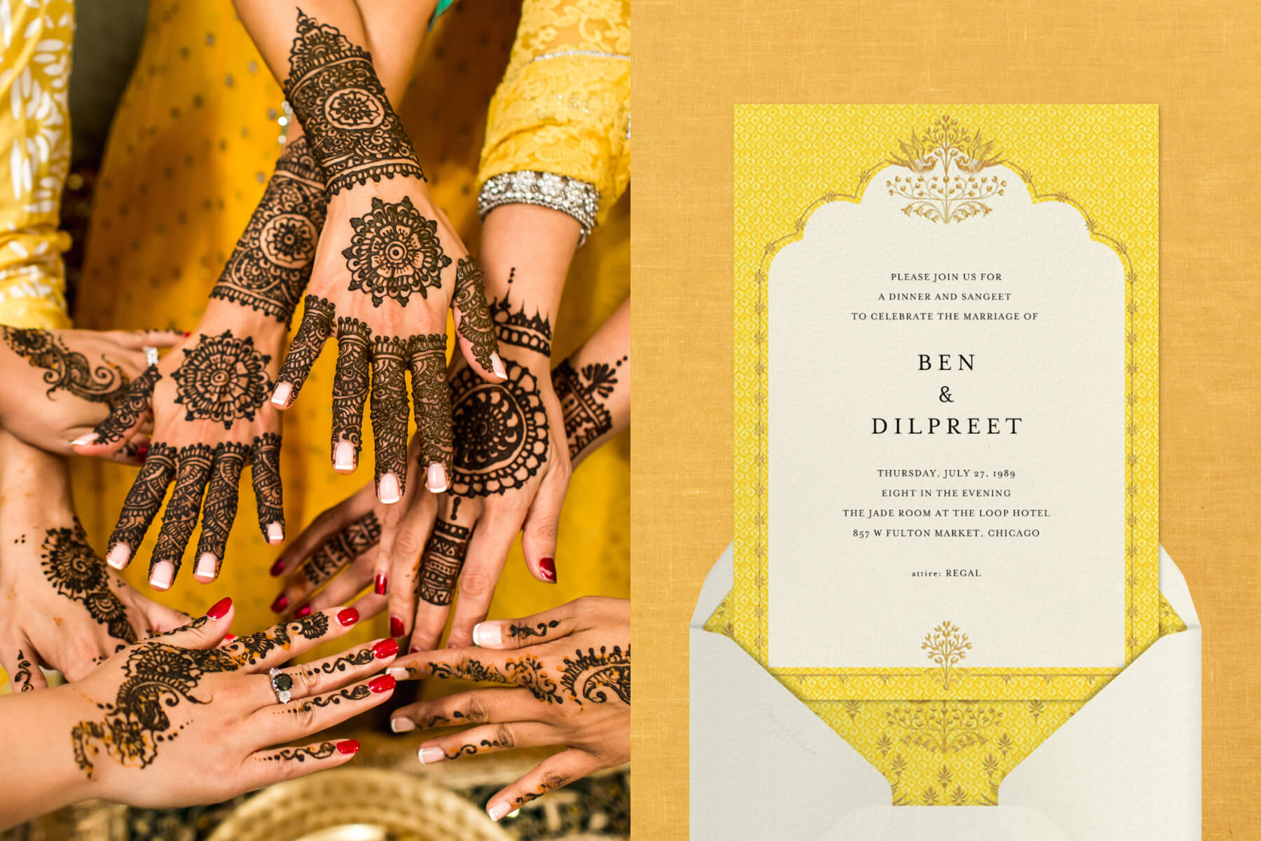 Left - Womens’ hands covered in mendhi. Right - A yellow Indian wedding invitation featuring an ornate border and an illustration of birds and flowers.
