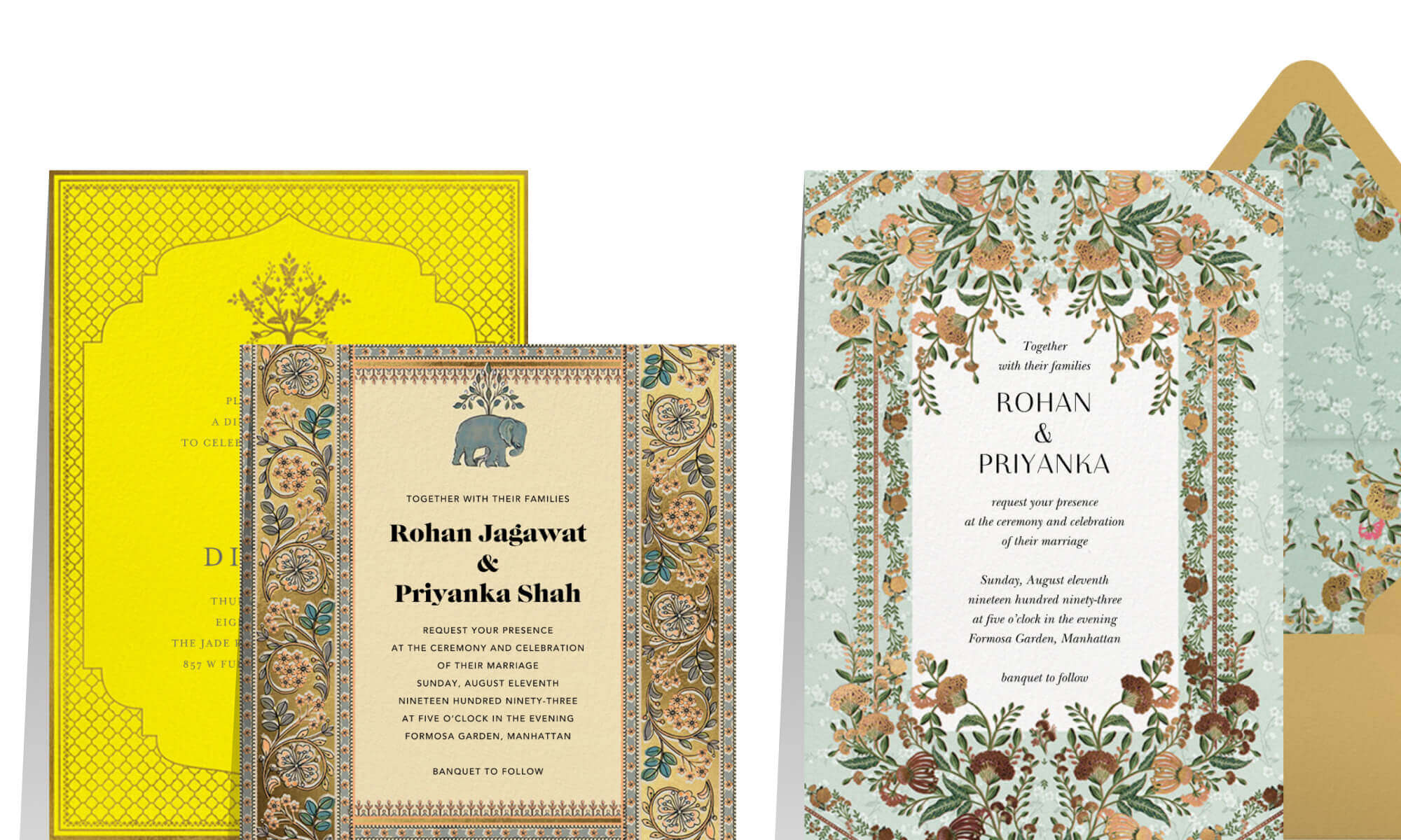 Three Anita Dongre invitations featuring designs evocative of her wedding prints.