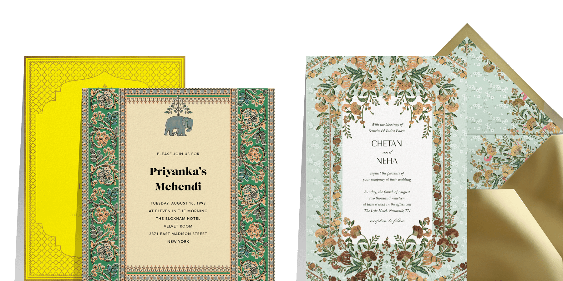 “Abhitha (Sangeet) - Yellow” by Anita Dongre for Paperless Post and “Aditri” by Anita Dongre for Paperless Post