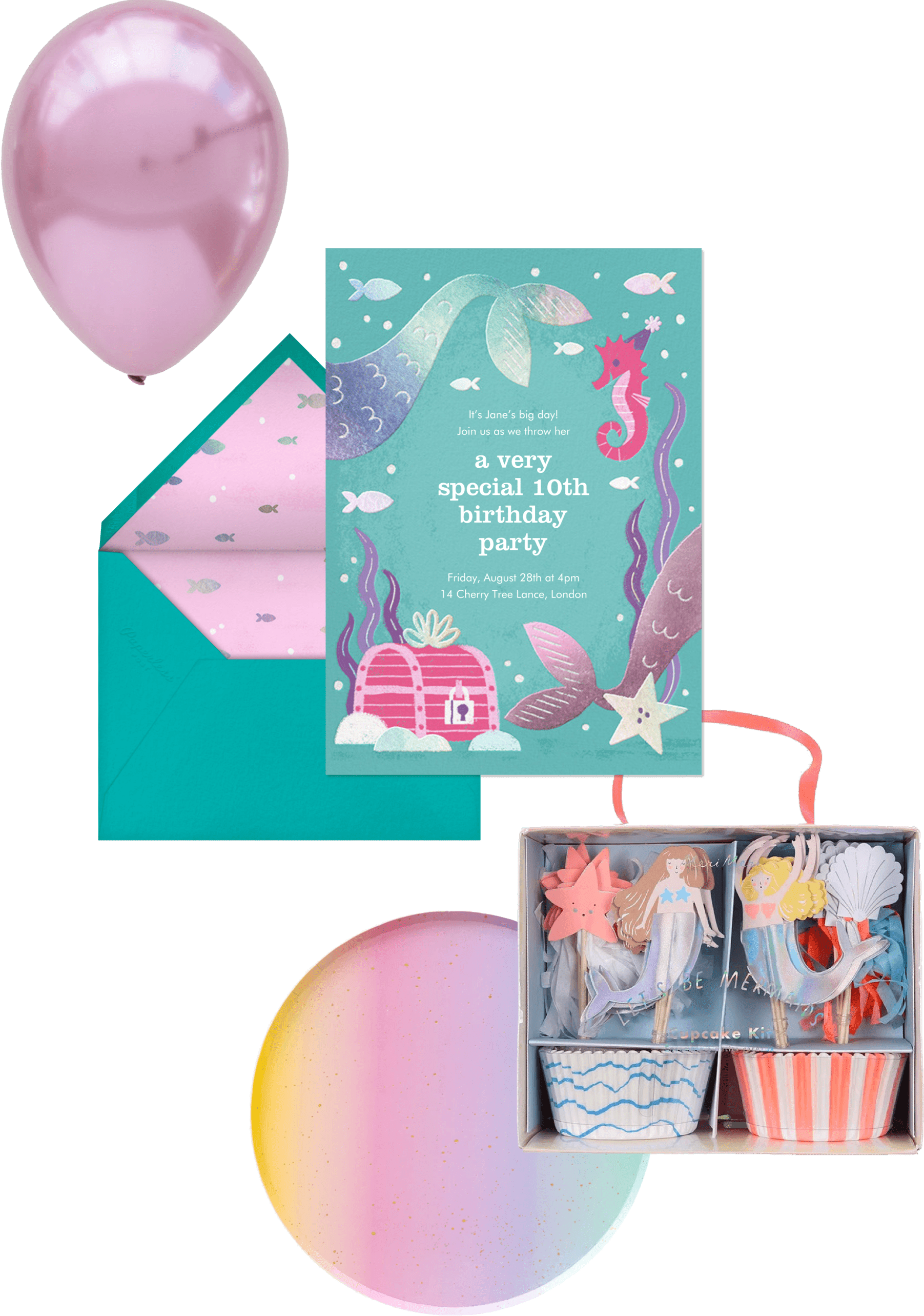 mermaid birthday invitation and supplies