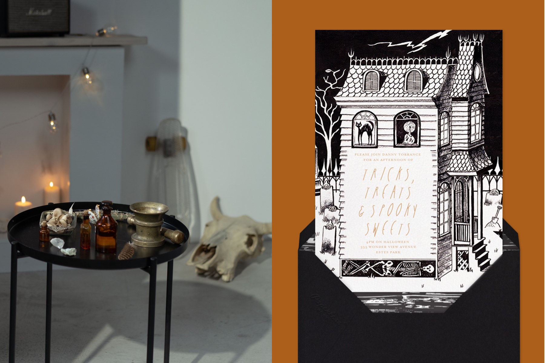 Left: A spooky scene featuring drinks on a table and a cow skull. Right: "The Old Haunts" invitation by Paperless Post.