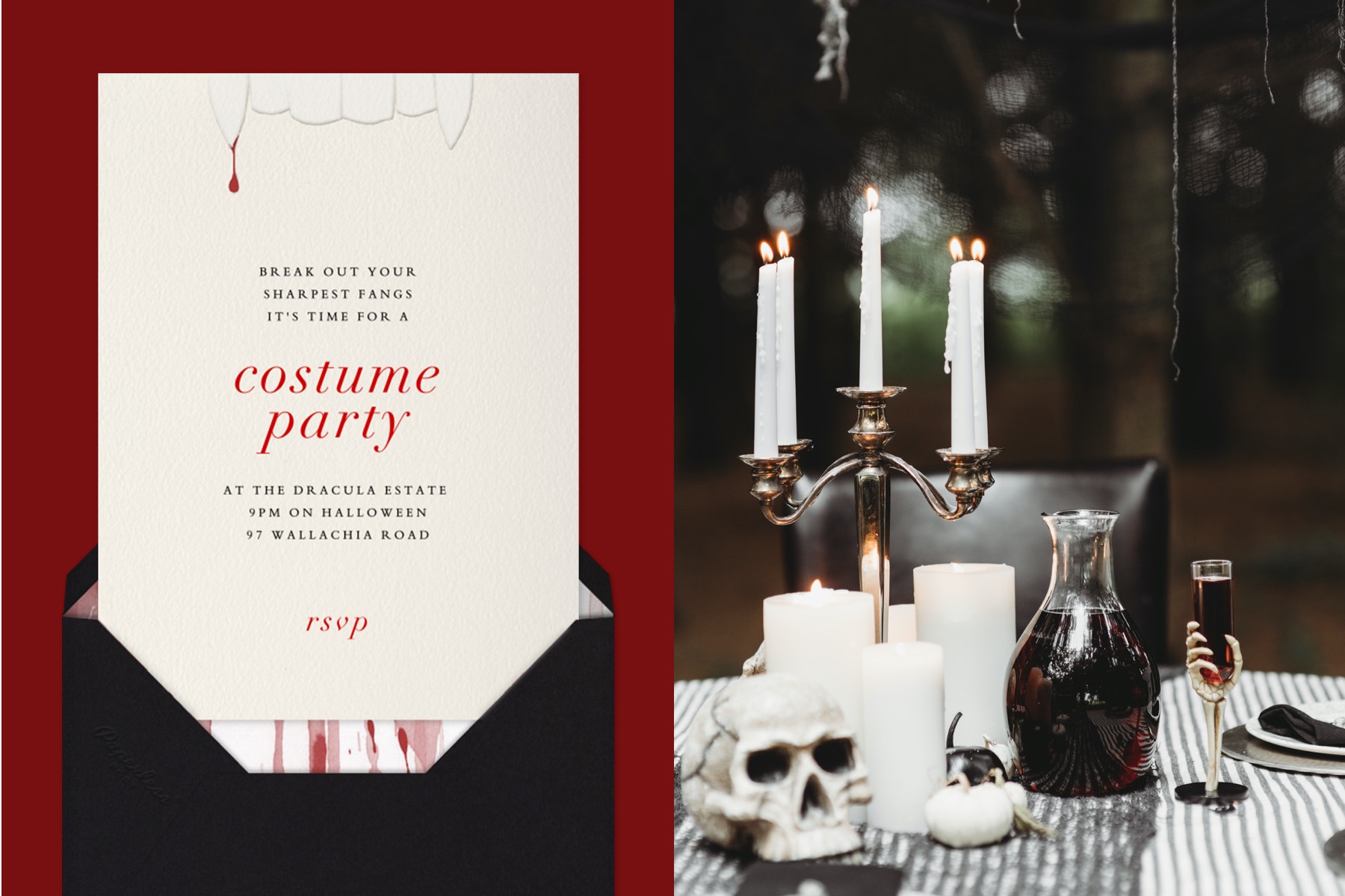 Left" "Nosferatu" by Paperless Post. Right: A macabre table scene with candles and a skull.