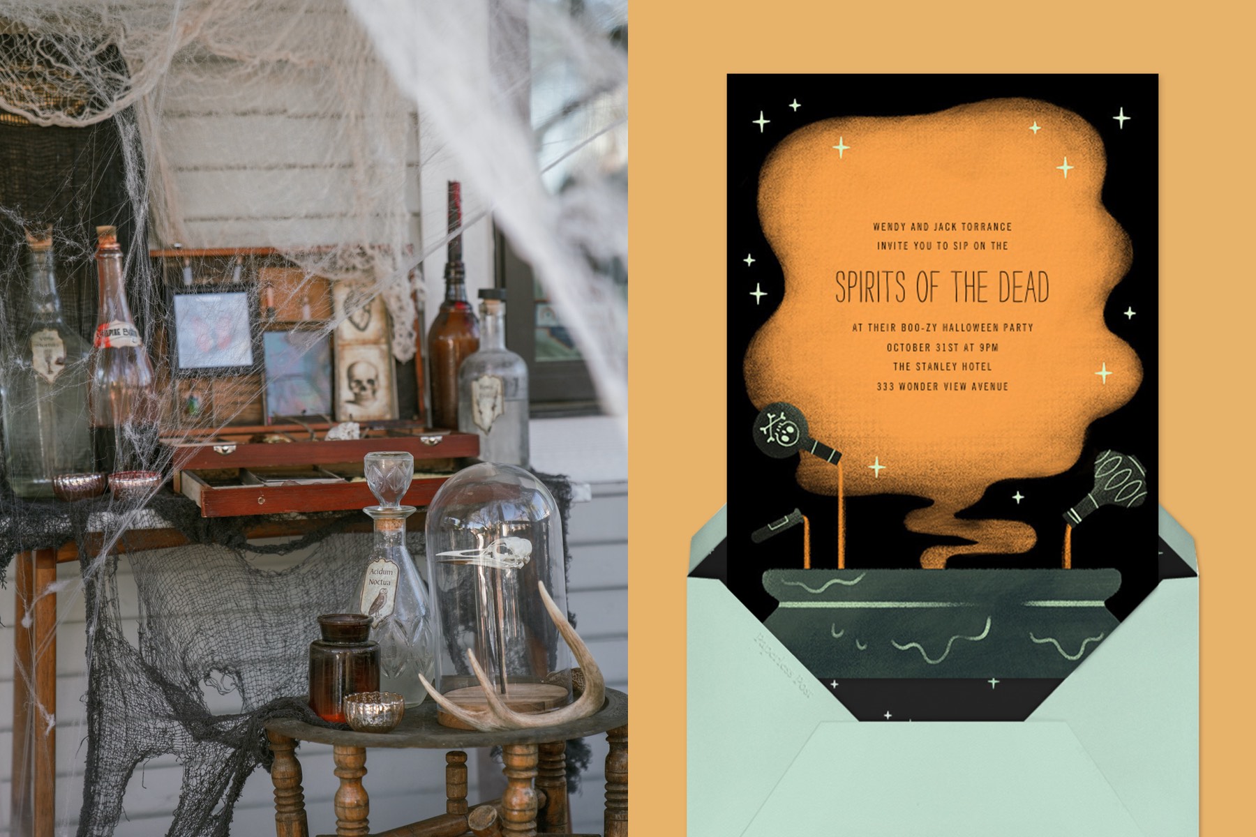 Left: A creepy farmhouse bar scene. Right: "Potions Class" by Paperless Post