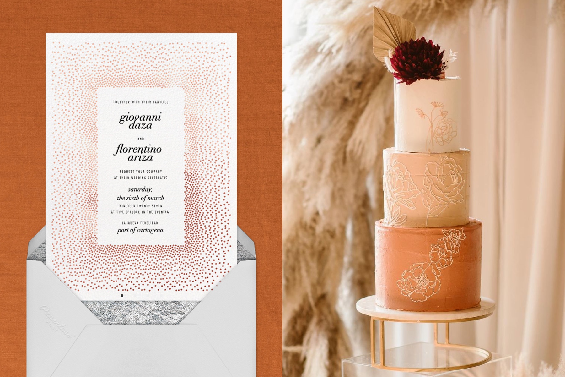 Left: “Jubilee II - Rose Gold” by Kelly Wearstler for Paperless Post | Right: Cake design by Cāk the Bakery, image courtesy of Cāk the Bakery and Liz Weitz