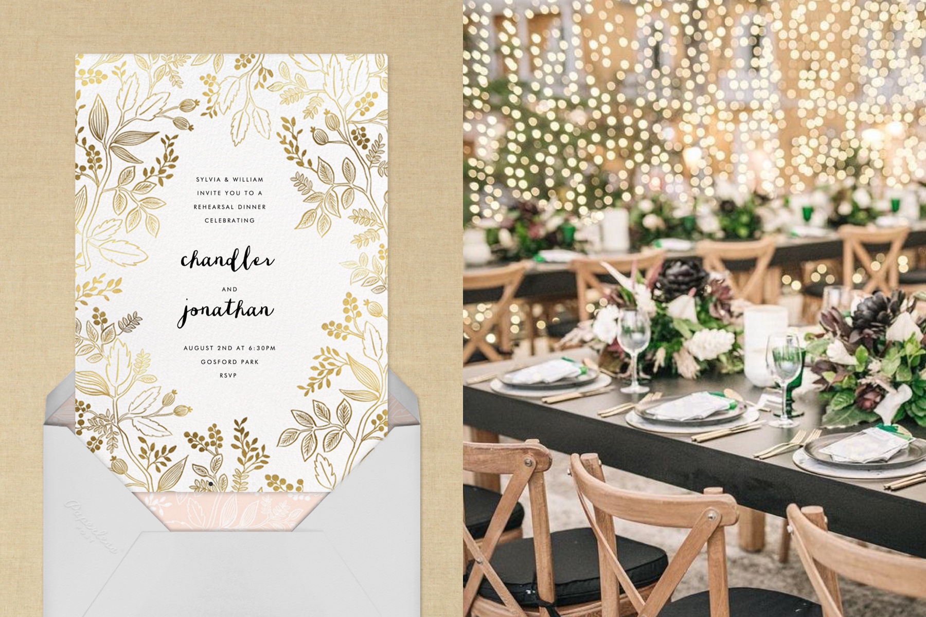 Left: “Queen Anne” by Rifle Paper Co for Paperless Post | Right: Event design by Matthew Robbins Design, image courtesy Matthew Robbins Design.