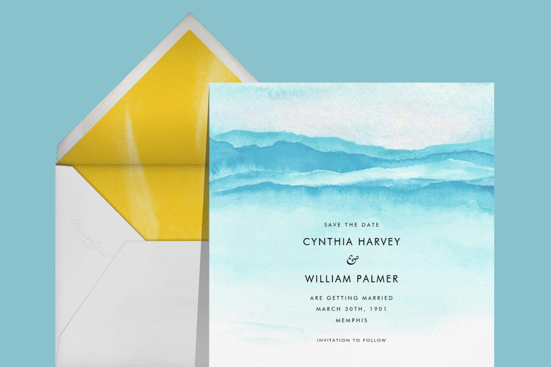 Save-the-date card with abstract blue watercolor. 