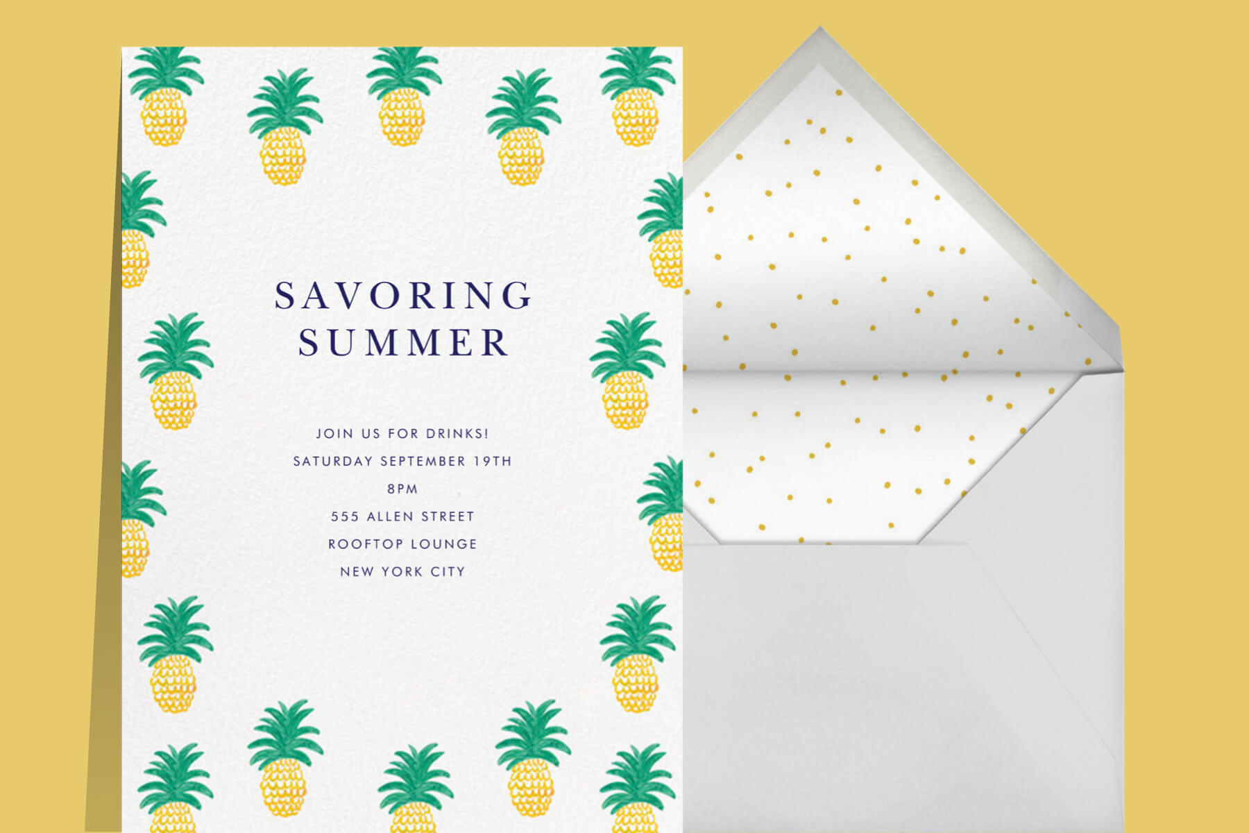 Party invitation with pineapple illustrations. 