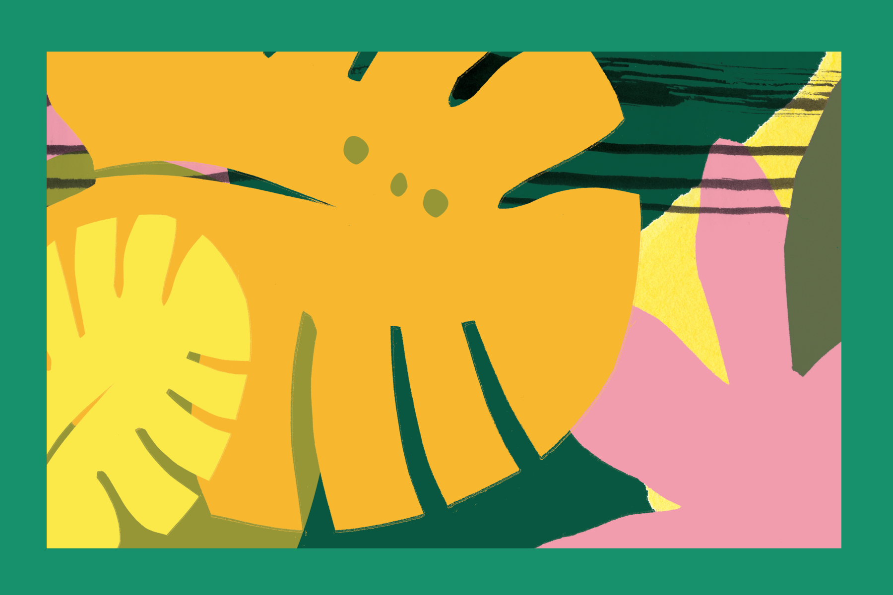 Yellow, green, and pink illustration of palm fronds.