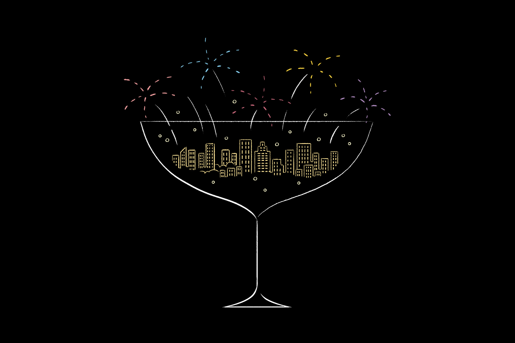 New Year's greetings and messages to ring in 2021 featuring a cityscape in a champagne coupe illustration from Paperless Post