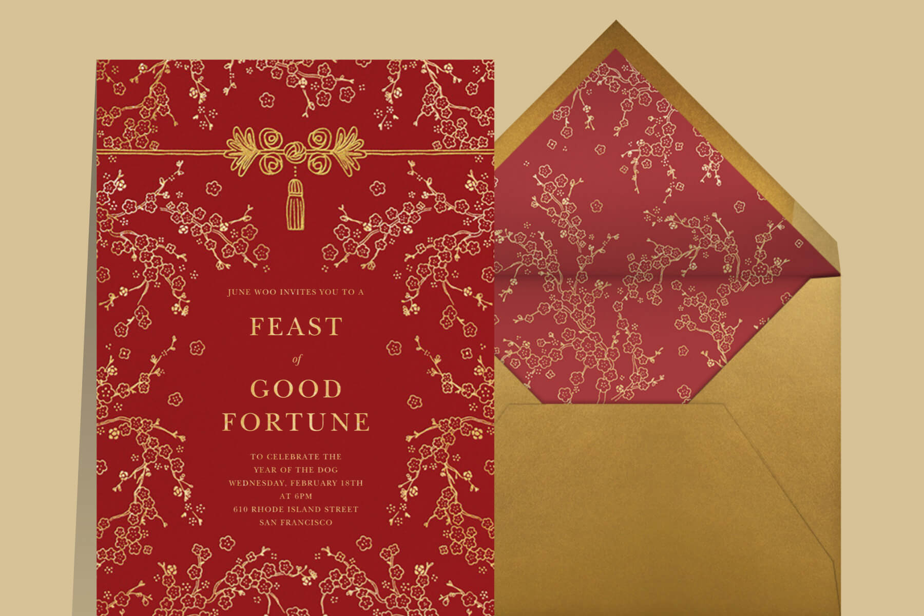Lunar New Year invitation wording ideas from Paperless Post with a red card covered in gold branches reading feast of good fortune