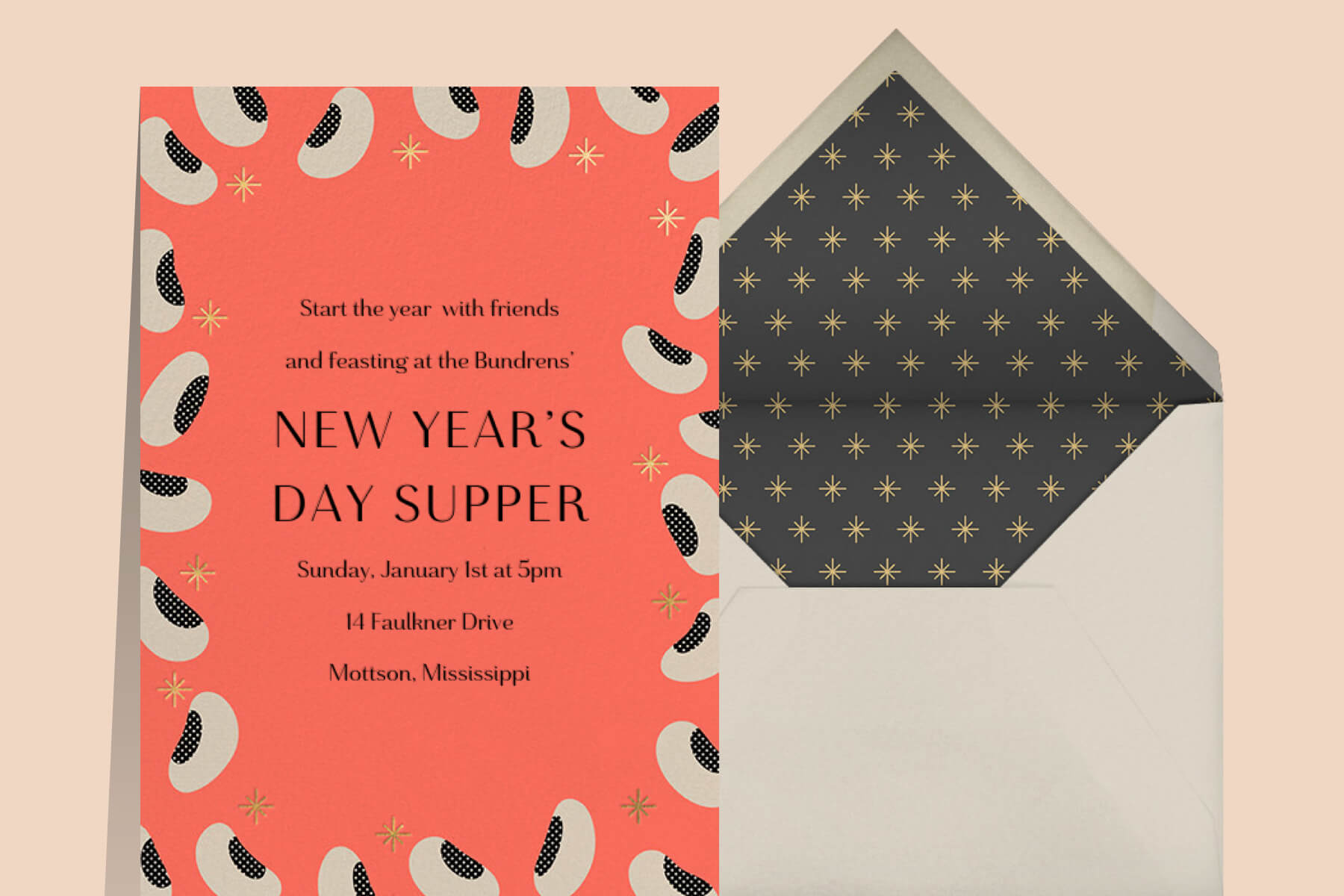 New Year's Eve potluck invitation wording featuring black eyed peas on a coral background from Paperless Post 