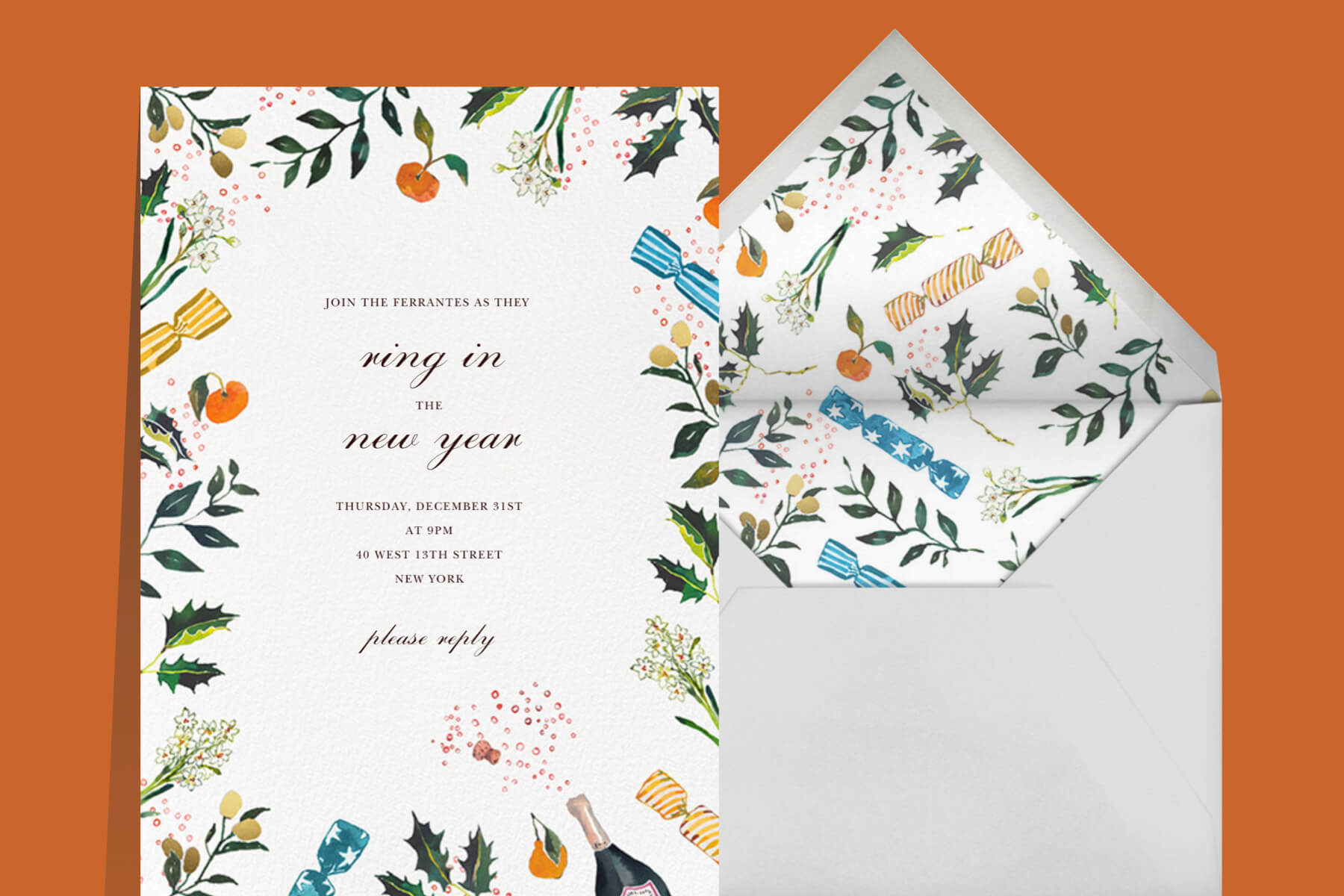 New Year's dinner invitation with holly, citrus, Champagne