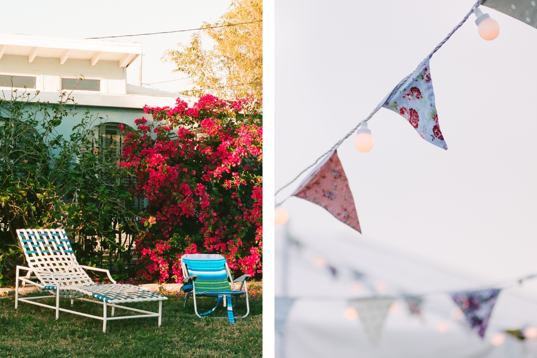 Left: Photo of lawn chairs in a lush backyard | Right: Decorative pennant banner blowing in the wind
