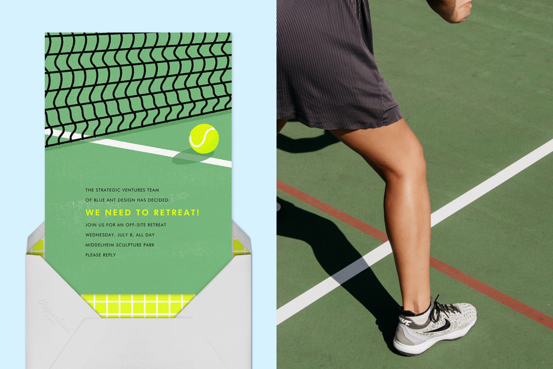 Left: “Holding Court” by Paperless Post | Right: Photo of a man's leg while he is playing tennis