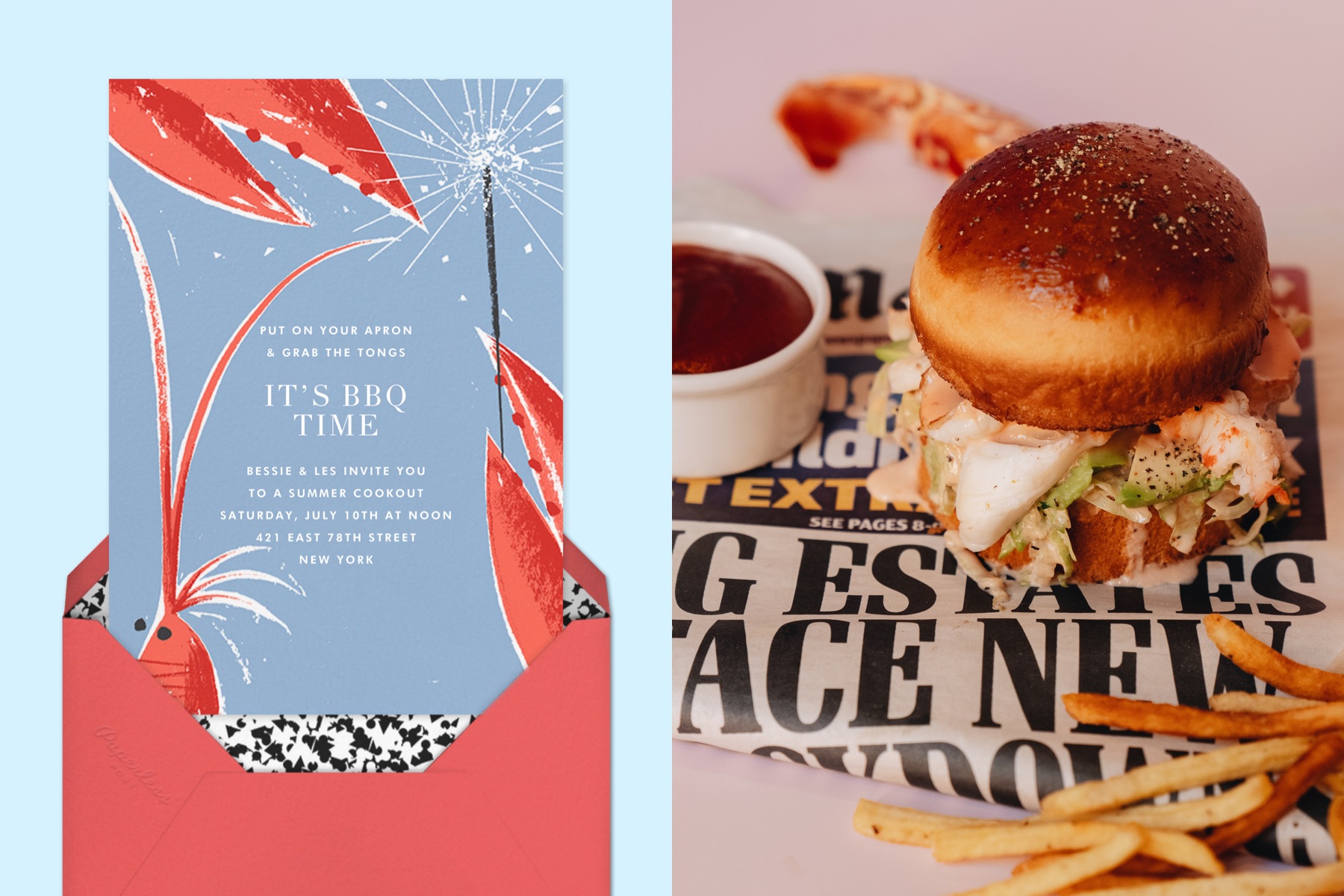 Left: “Shrimp and Sparklers” by Paperless Post | Right: Lobster roll and french fries on graphic wax paper