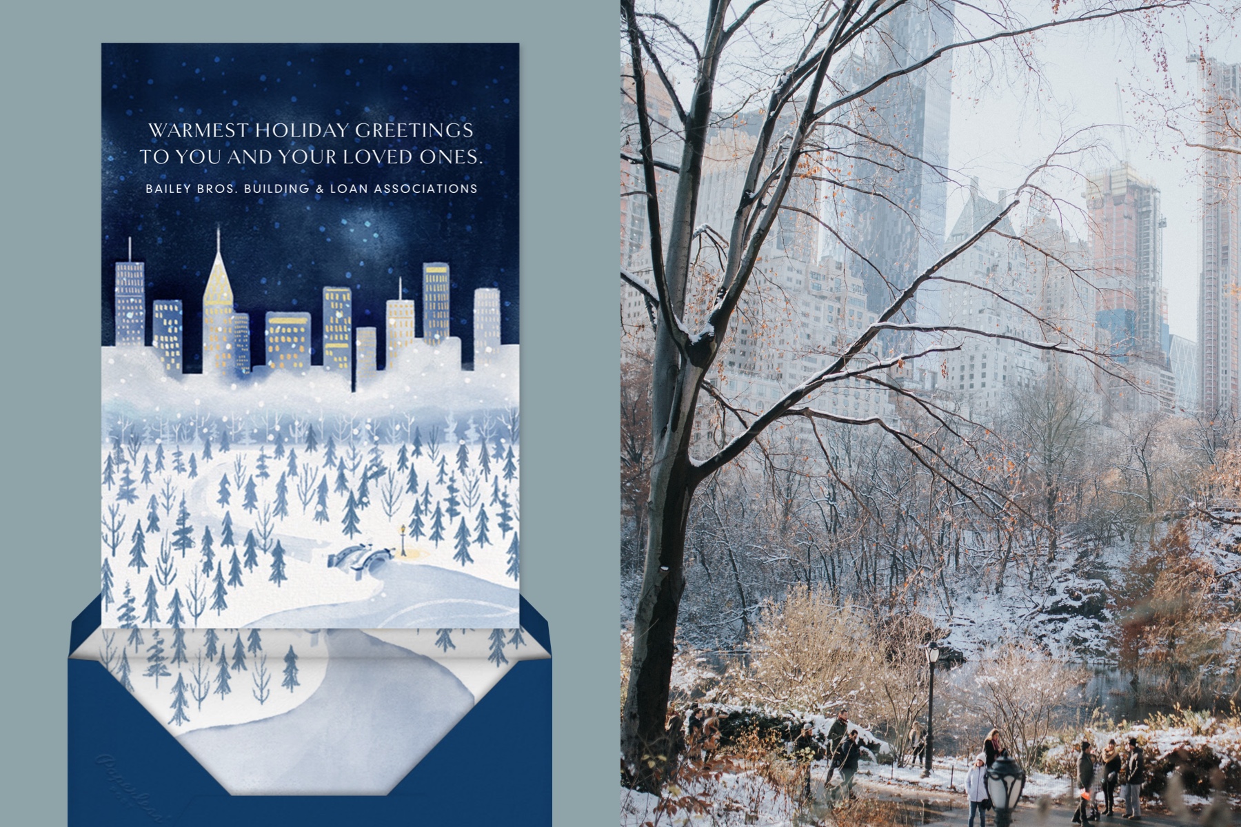 Left: Digital invitation with a snowy city scene. | Right: New York City in the winter.