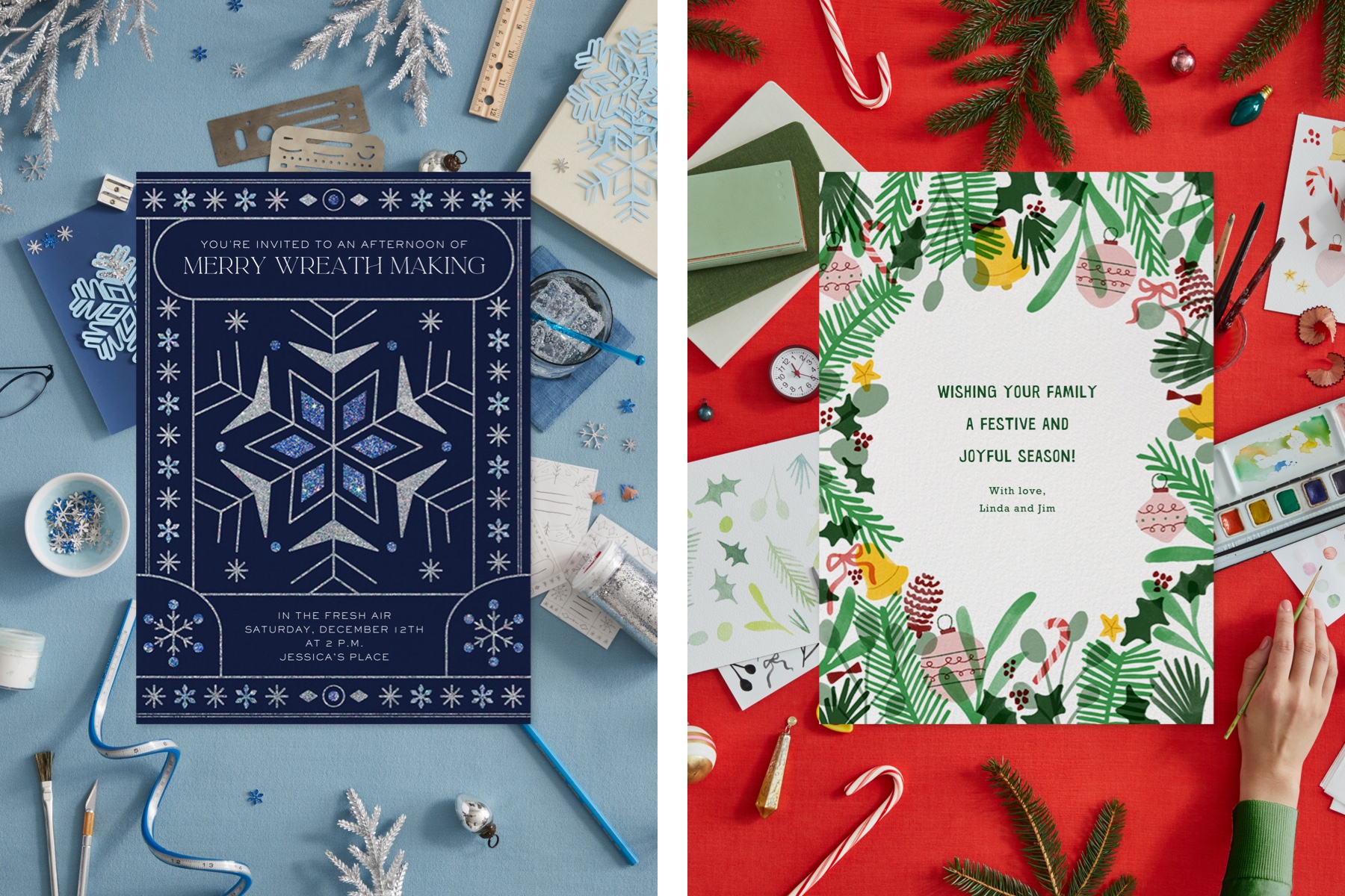 Two digital invitations surrounded by objects of inspiration, like paint, candy canes, glitter, and more.