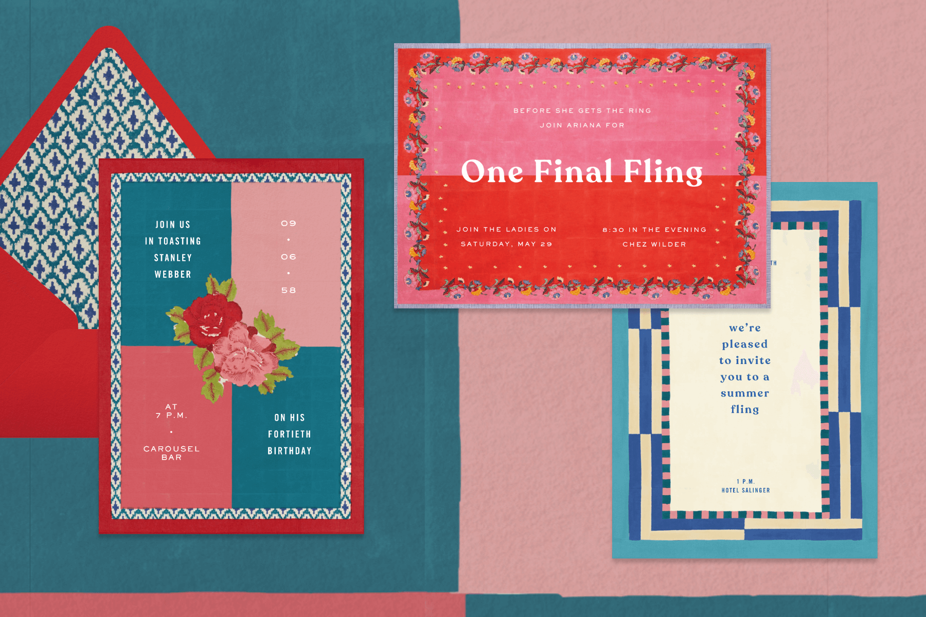 Left: Invitation featuring a blue and pink color-blocked design with pink and red flowers in the center. Right: invitation with a pink and red color-blocked design with a floral border, and an off-white invitation with a blue and turquoise graphic border. 