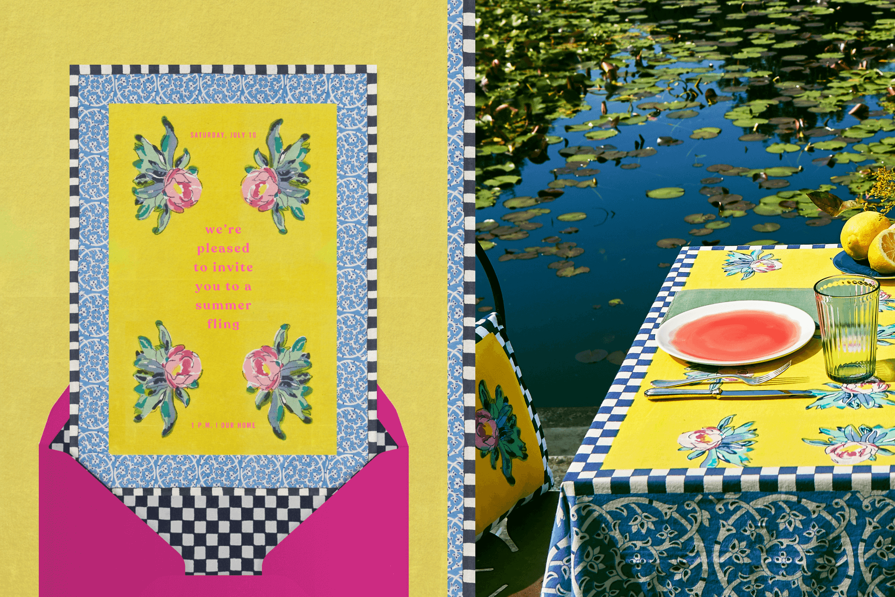 Left: Bright yellow invitation featuring pink flowers and a blue and white border. Right: Outdoor table set with a bright yellow tablecloth, next to a pond filled with lily pads. 
