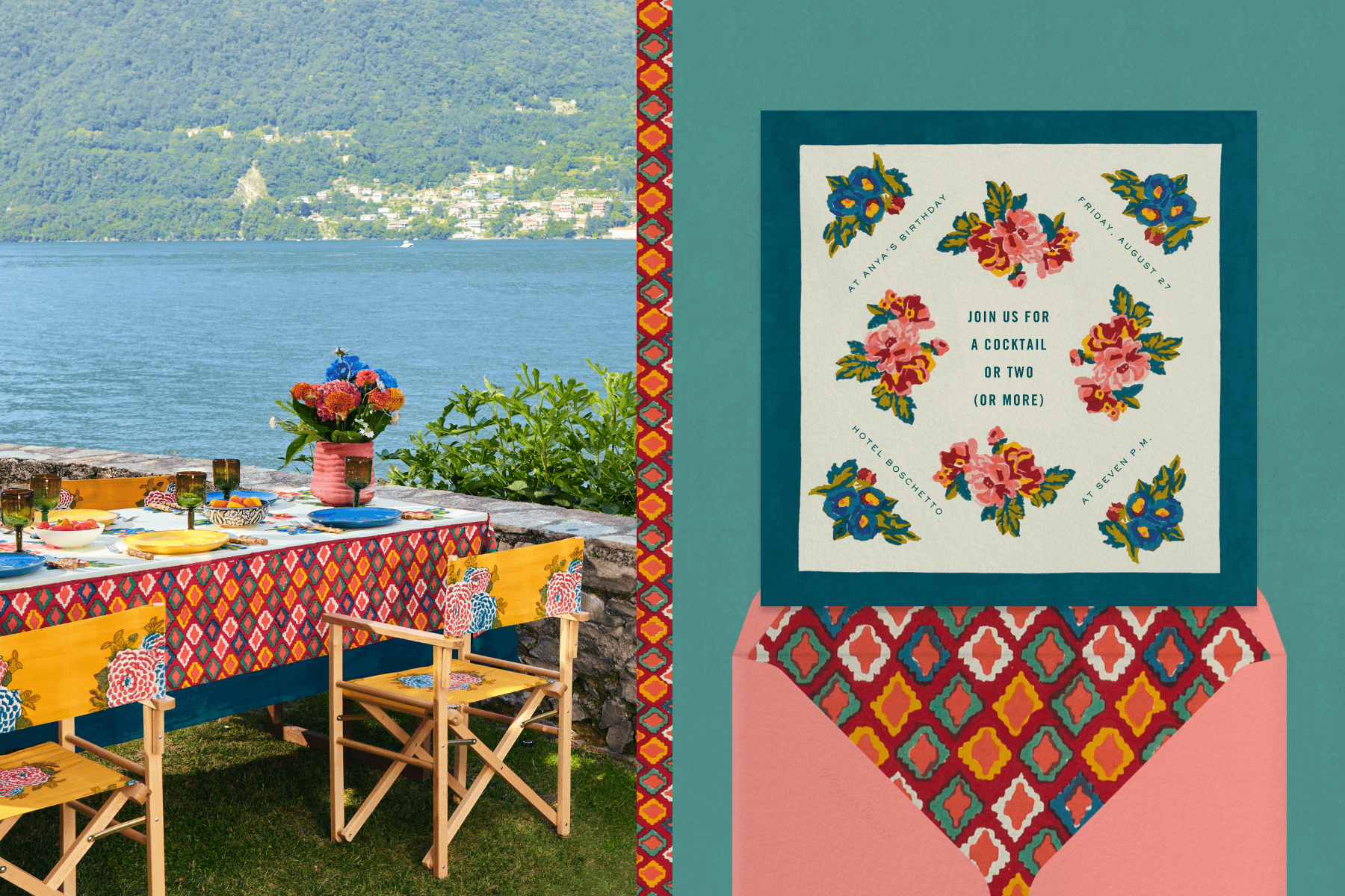 Left: Scenic table set outdoors with a view of the ocean. Right: Off-white invitation with a pink and blue floral diamond pattern. 