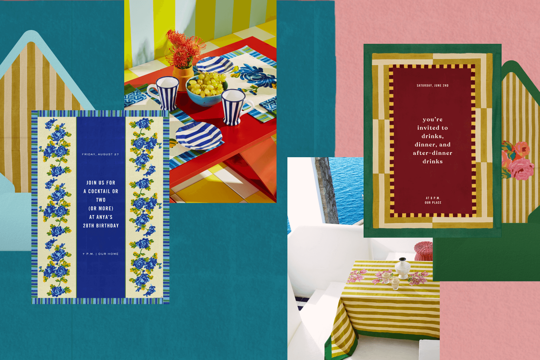 Left: Invitation with a blue stripe down the middle and two off white side stripes that feature floral designs. Right: Invitation with a maroon background and a green and off-white graphic border. 