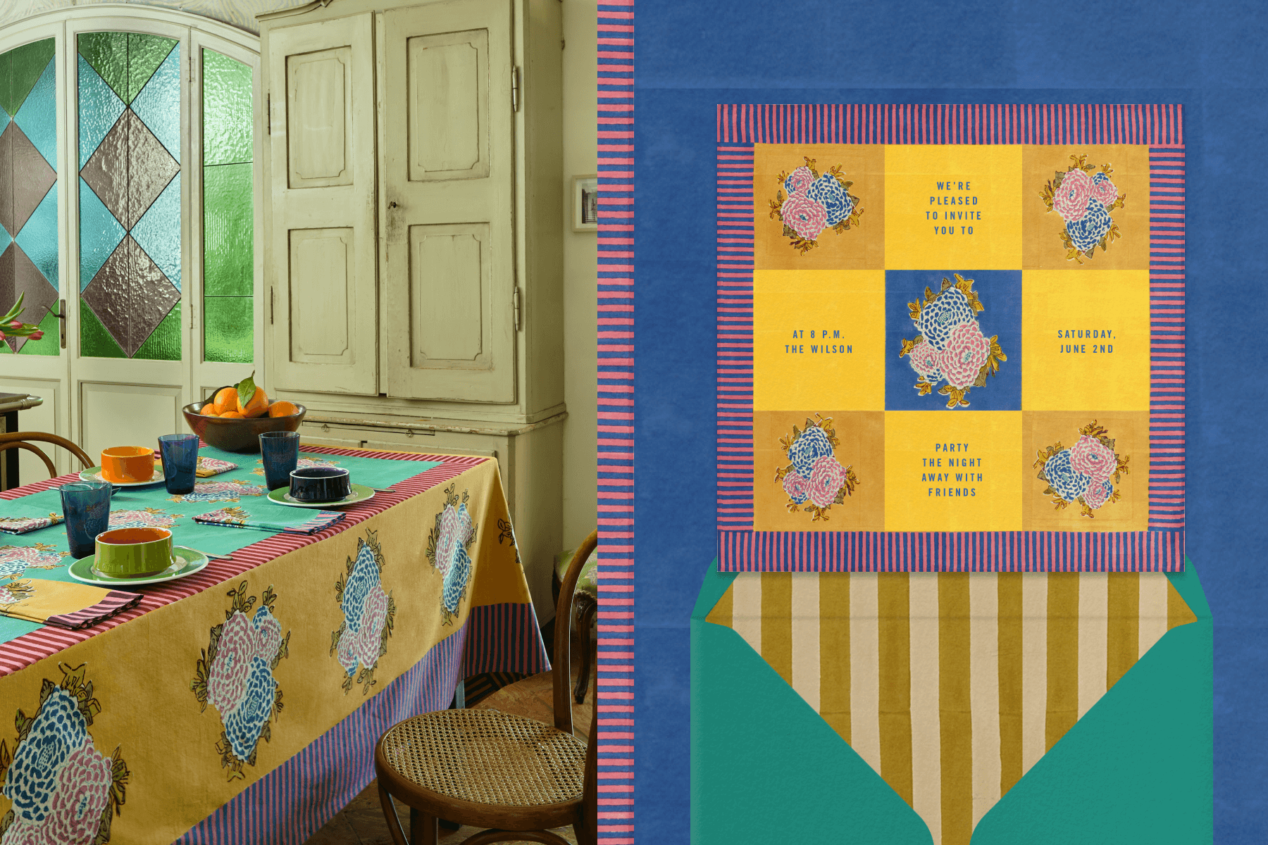Left: Dining room with a table set with a yellow and green floral tablecloth. Right: Bright yellow invitation with floral design and pink and blue striped border. 