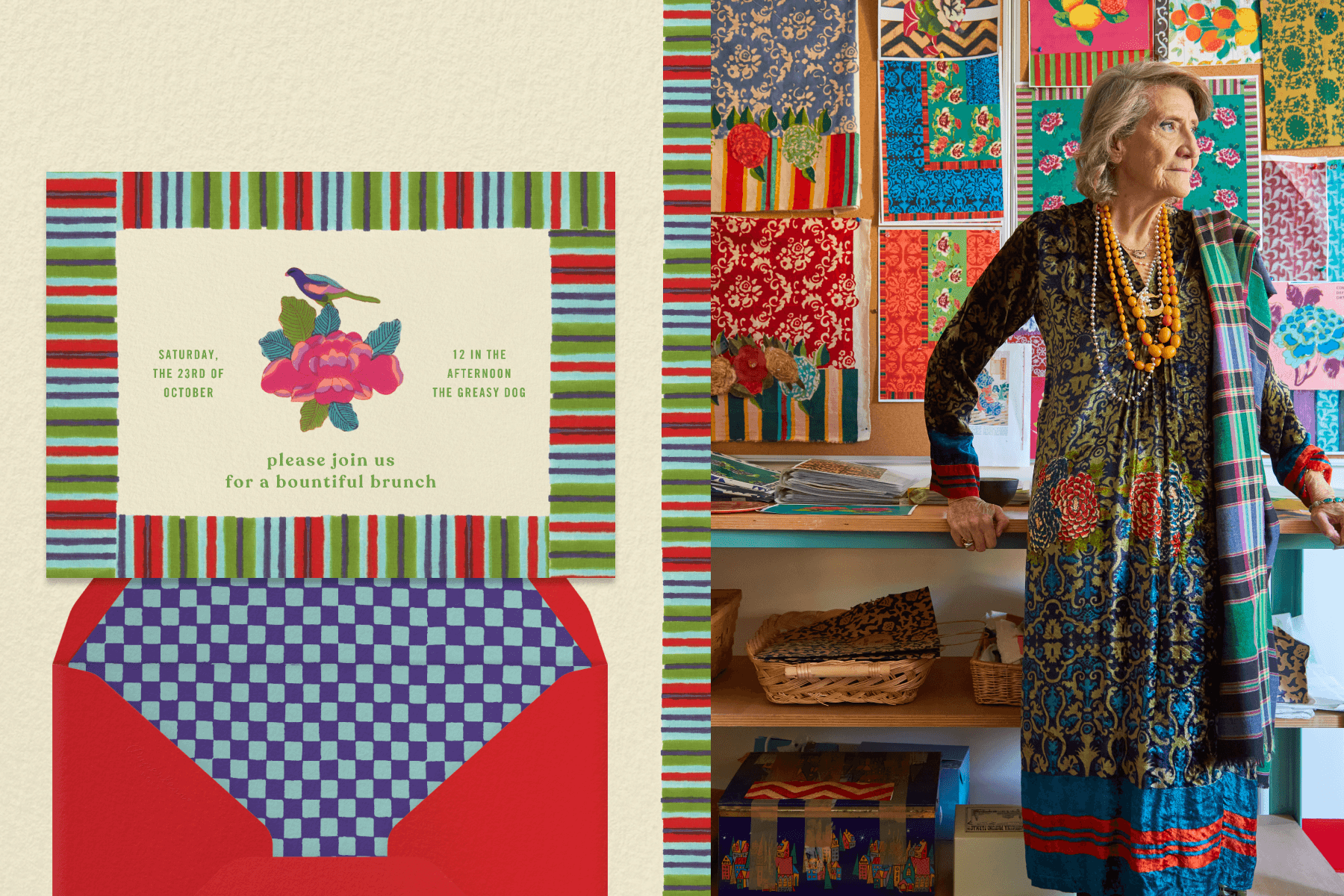 Left: Off-white invitation with a red, green and blue striped border and a pink floral illustration in the center. Right: Textile designer Lisa Corti poses in front of a wall of vibrant fabrics of her own design. 