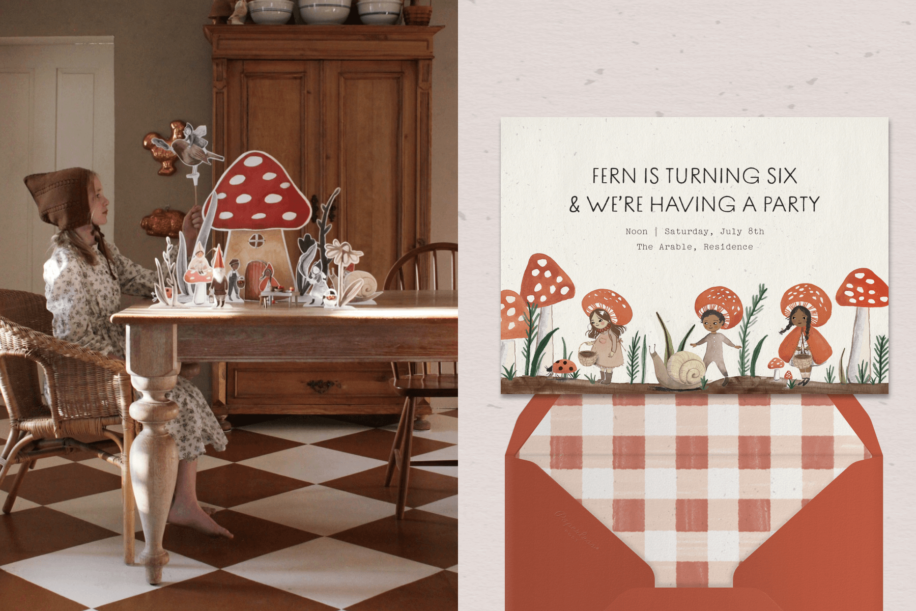 Left: Little girl sits at a kitchen table and plays with a paper cutout mushroom house and fairy scene. Right: Birthday party invitation featuring illustrated mushrooms and mushroom-capped children with an off-white background and red envelope. 